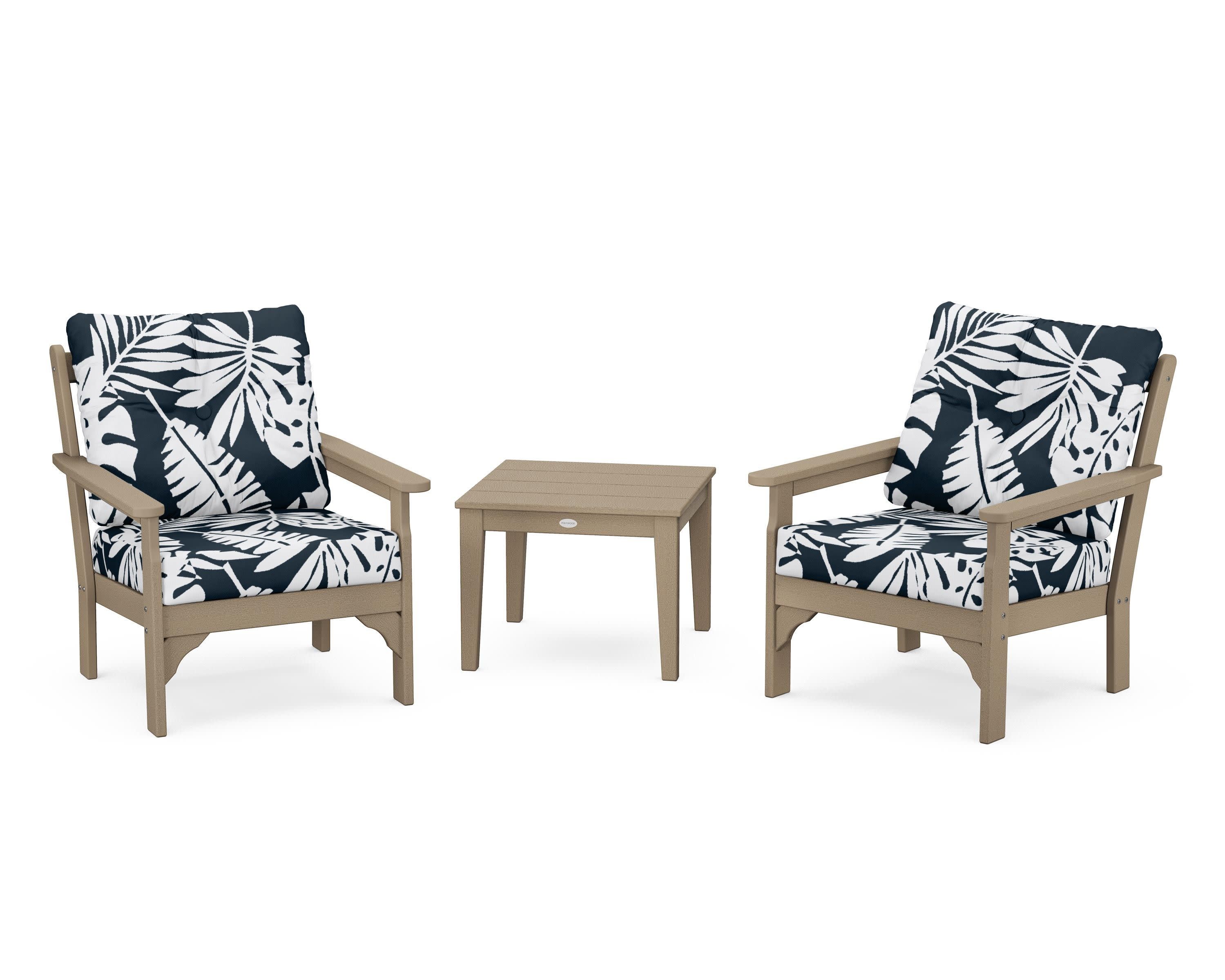 Vineyard 3-Piece Deep Seating Set in Vintage Sahara / Leaf Marine Indigo
