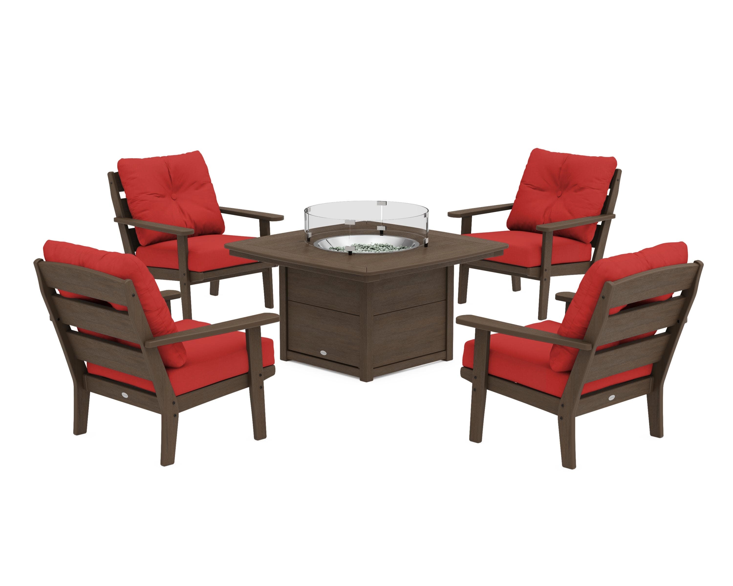 Lakeside 5-Piece Deep Seating Set with Nautical Fire Pit Table in Kona / Crimson Linen