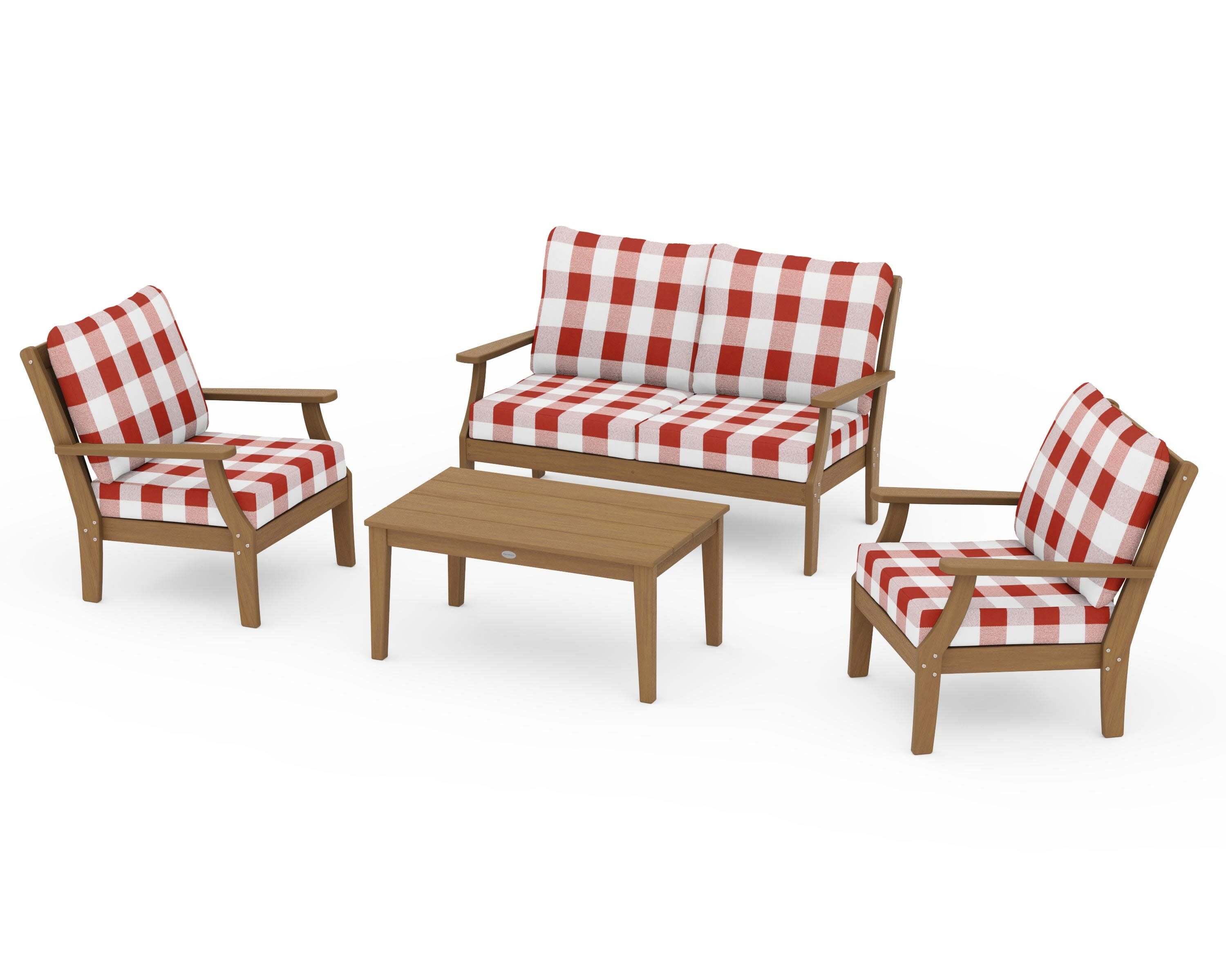 Braxton 4-Piece Deep Seating Chair Set in Natural / Buffalo Plaid Crimson