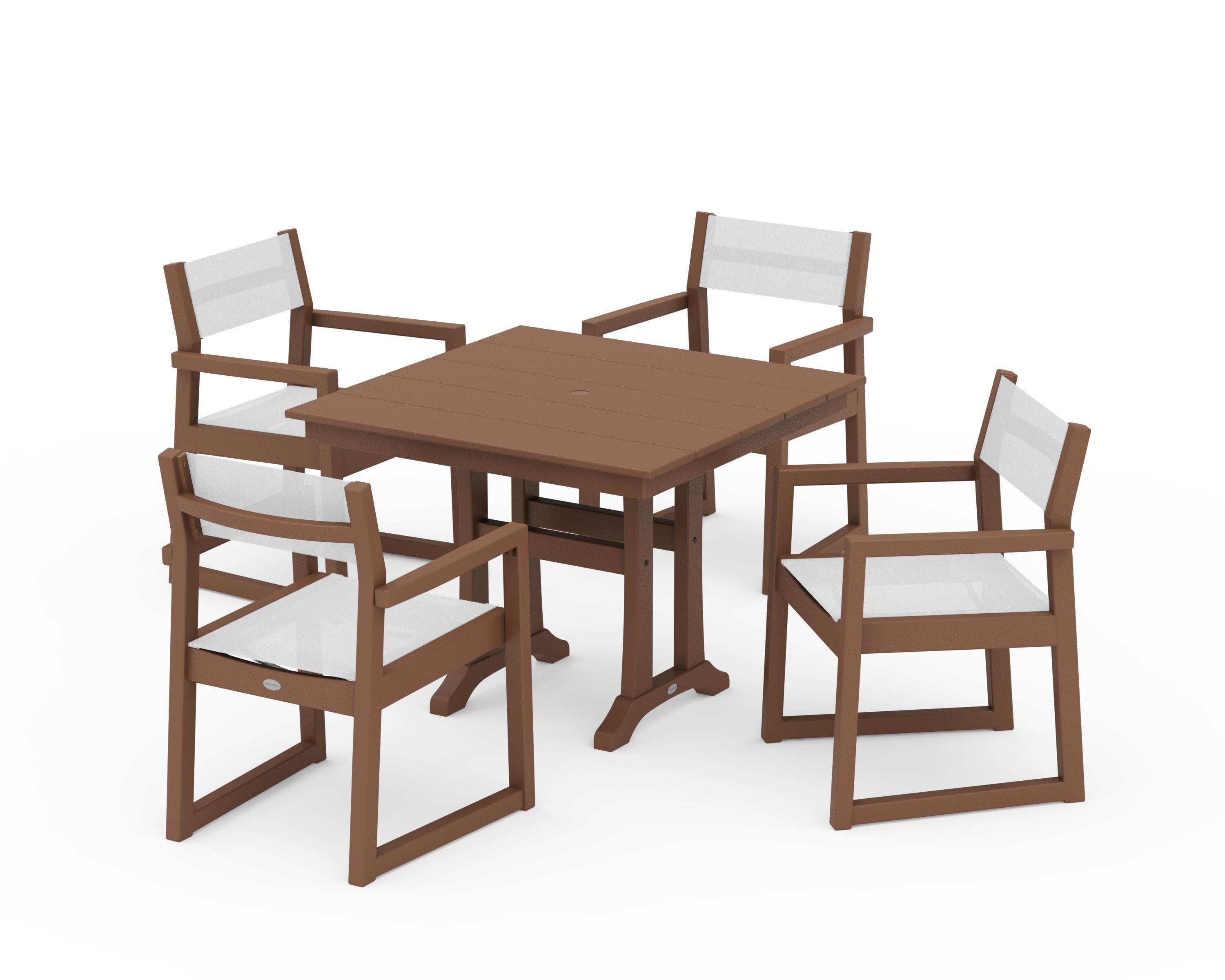 EDGE Sling 5-Piece Farmhouse Dining Set with Trestle Legs in Teak / White Sling