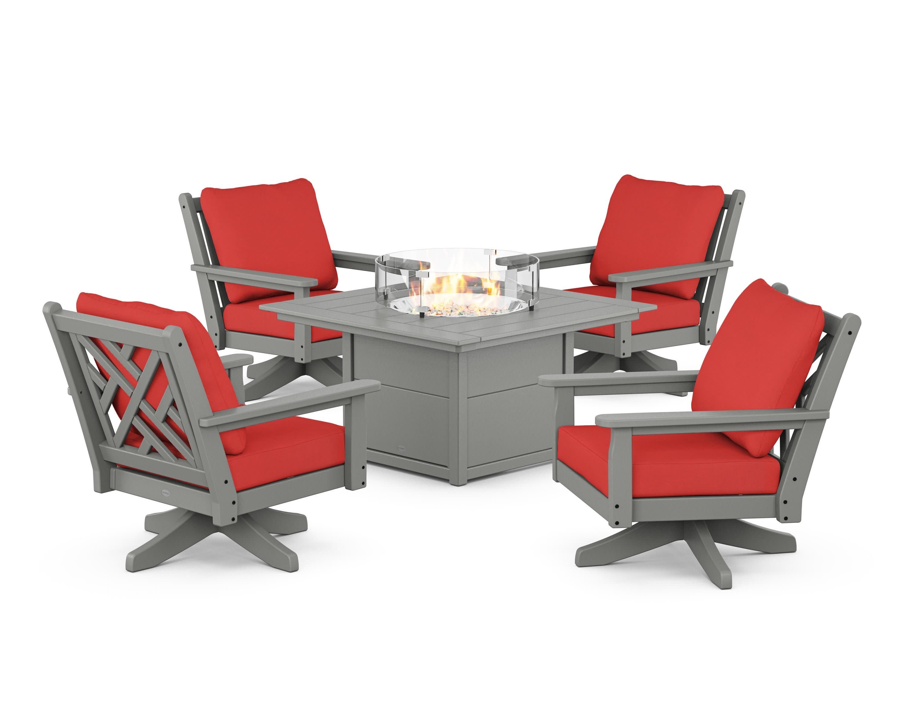 Chippendale 5-Piece Deep Seating Swivel Conversation Set with Fire Pit Table in Slate Grey / Crimson Linen