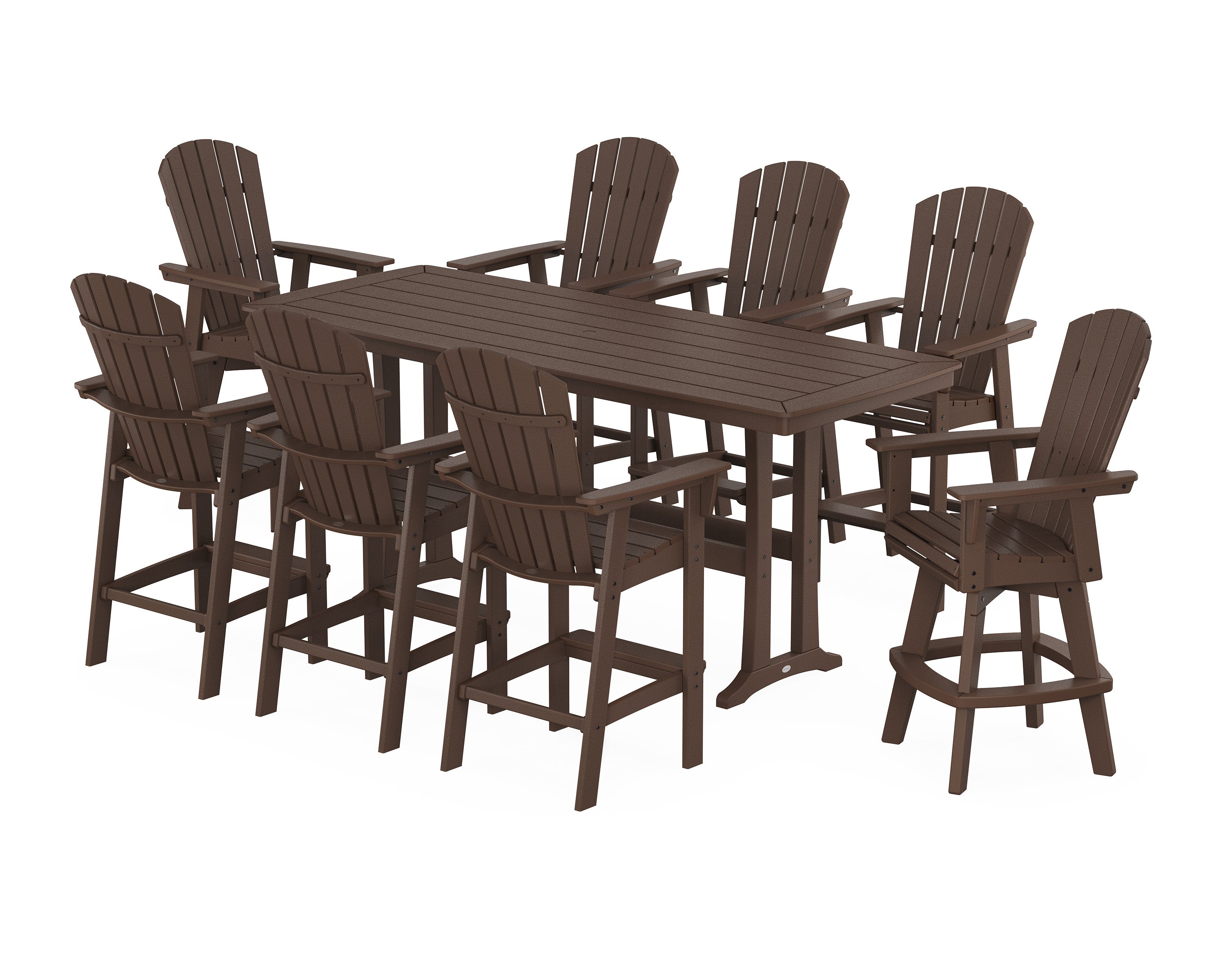 Nautical Curveback Adirondack Swivel 9-Piece Bar Set with Trestle Legs in Mahogany
