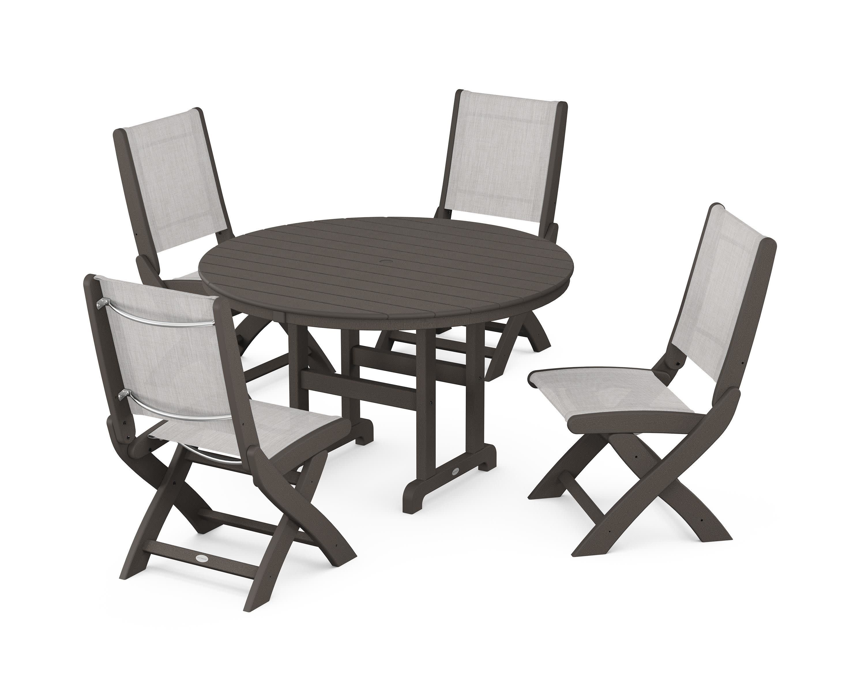 Coastal Folding Side Chair 5-Piece Round Dining Set in Vintage Coffee / Parchment Sling