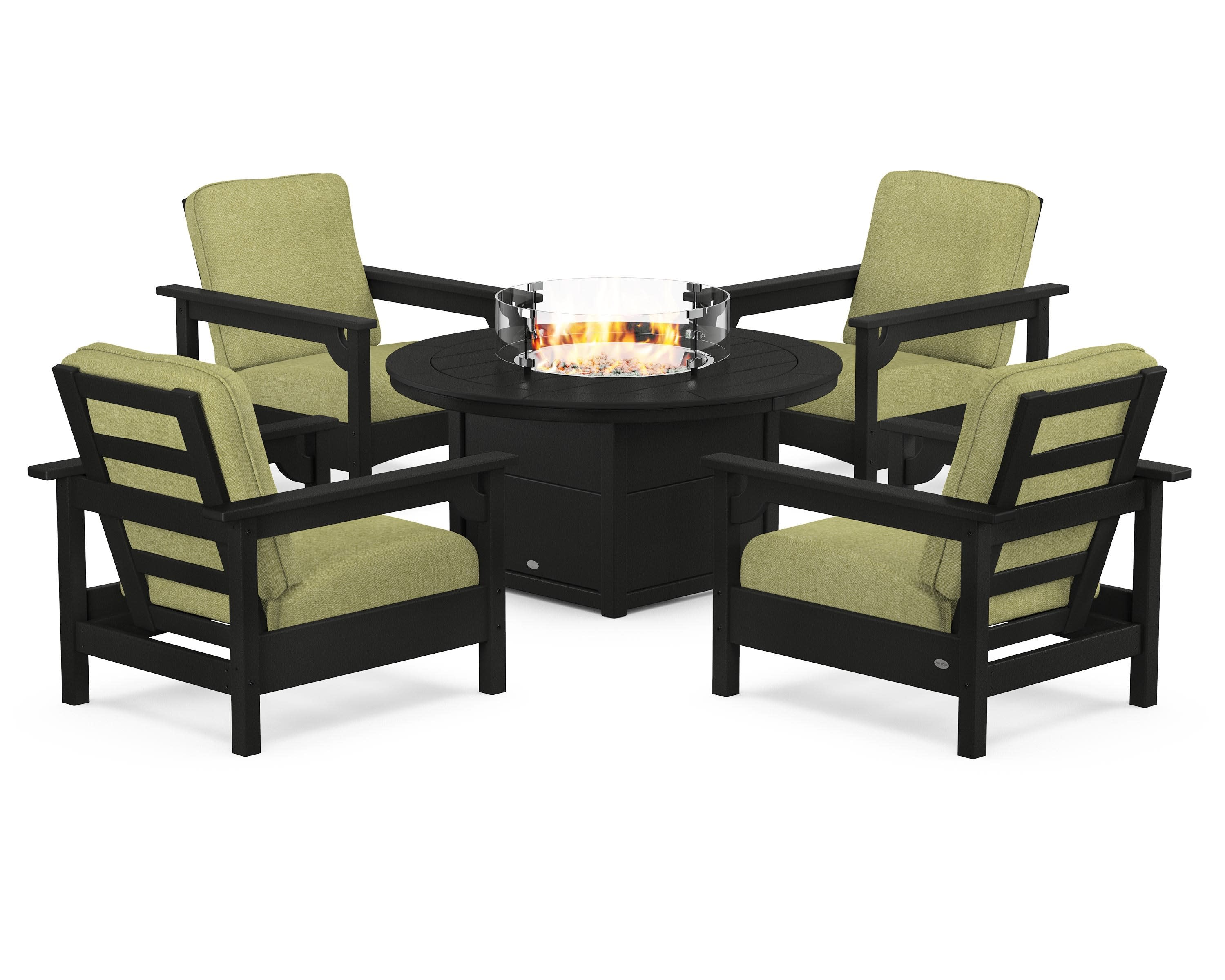 Club 5-Piece Conversation Set with Fire Pit Table in Black / Chartreuse Boucle