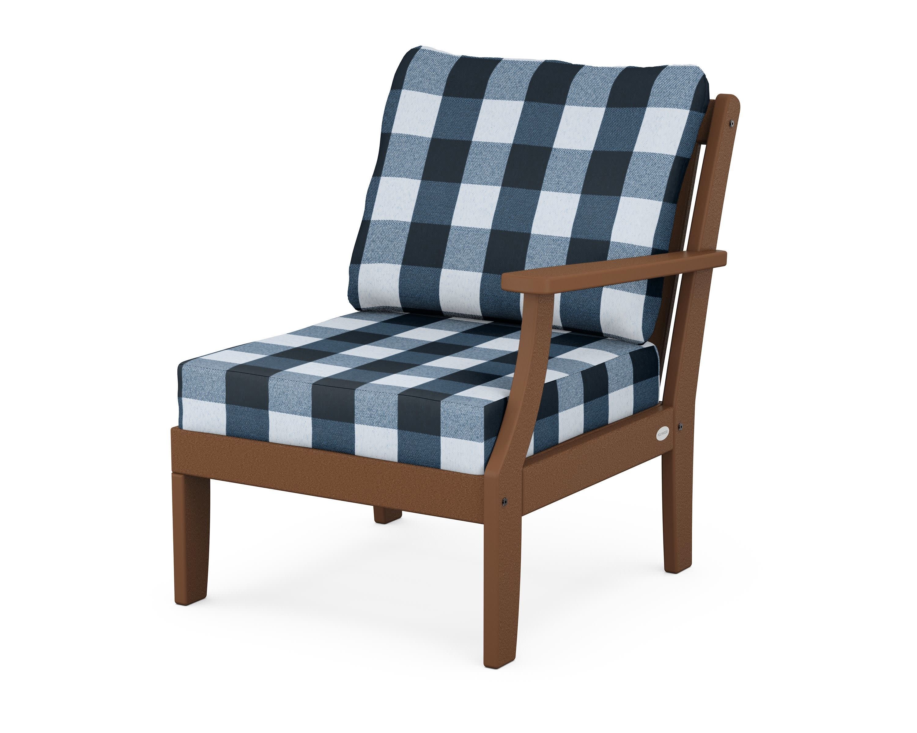 Braxton Modular Right Arm Chair in Teak / Buffalo Plaid Marine Indigo
