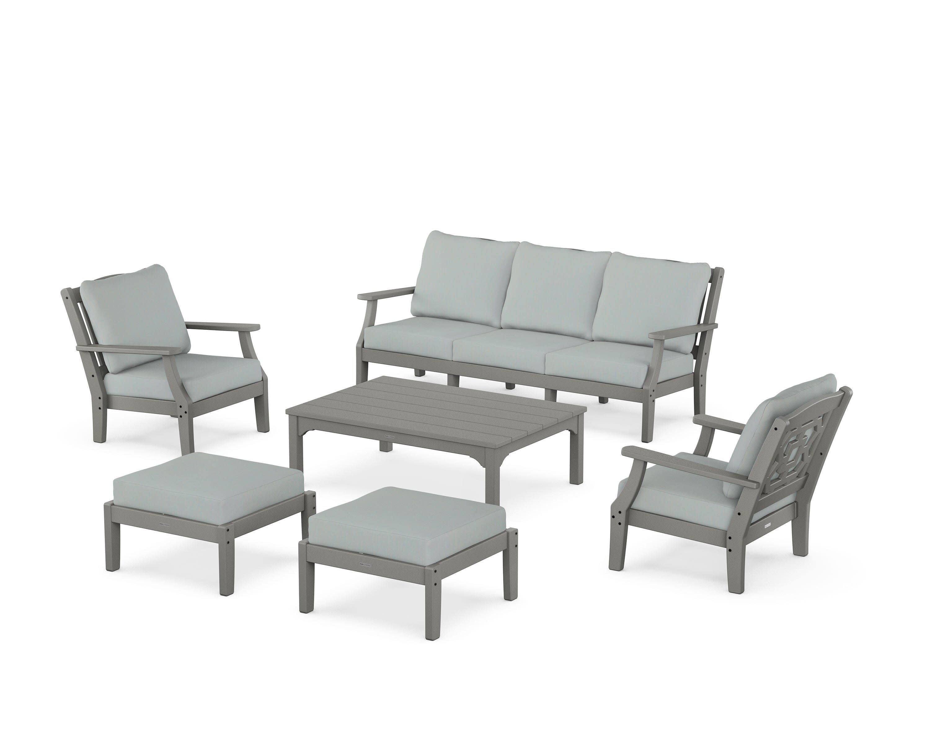 Chinoiserie 6-Piece Lounge Sofa Set in Slate Grey / Spa