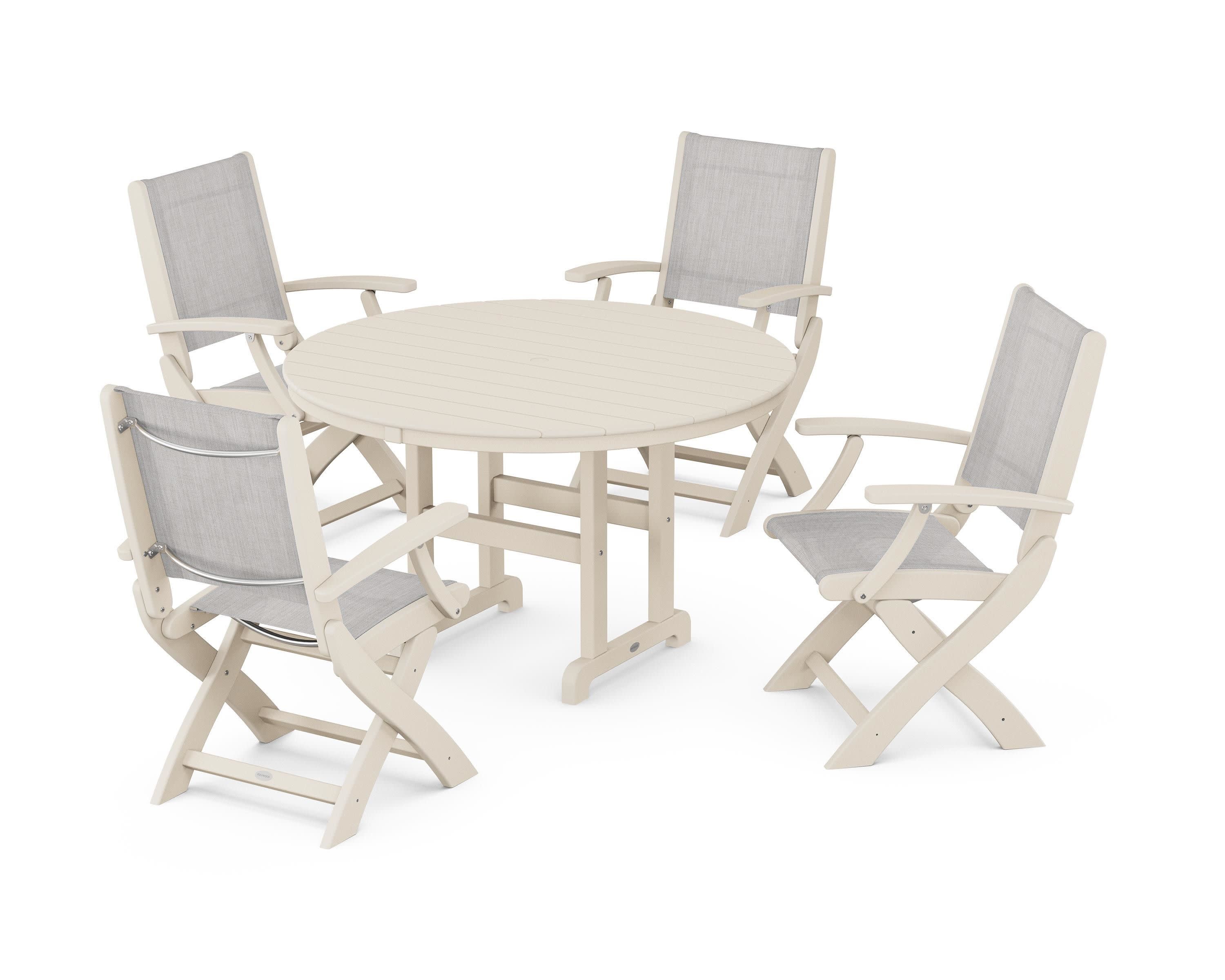 Coastal Folding Chair 5-Piece Round Dining Set in Sand / Parchment Sling