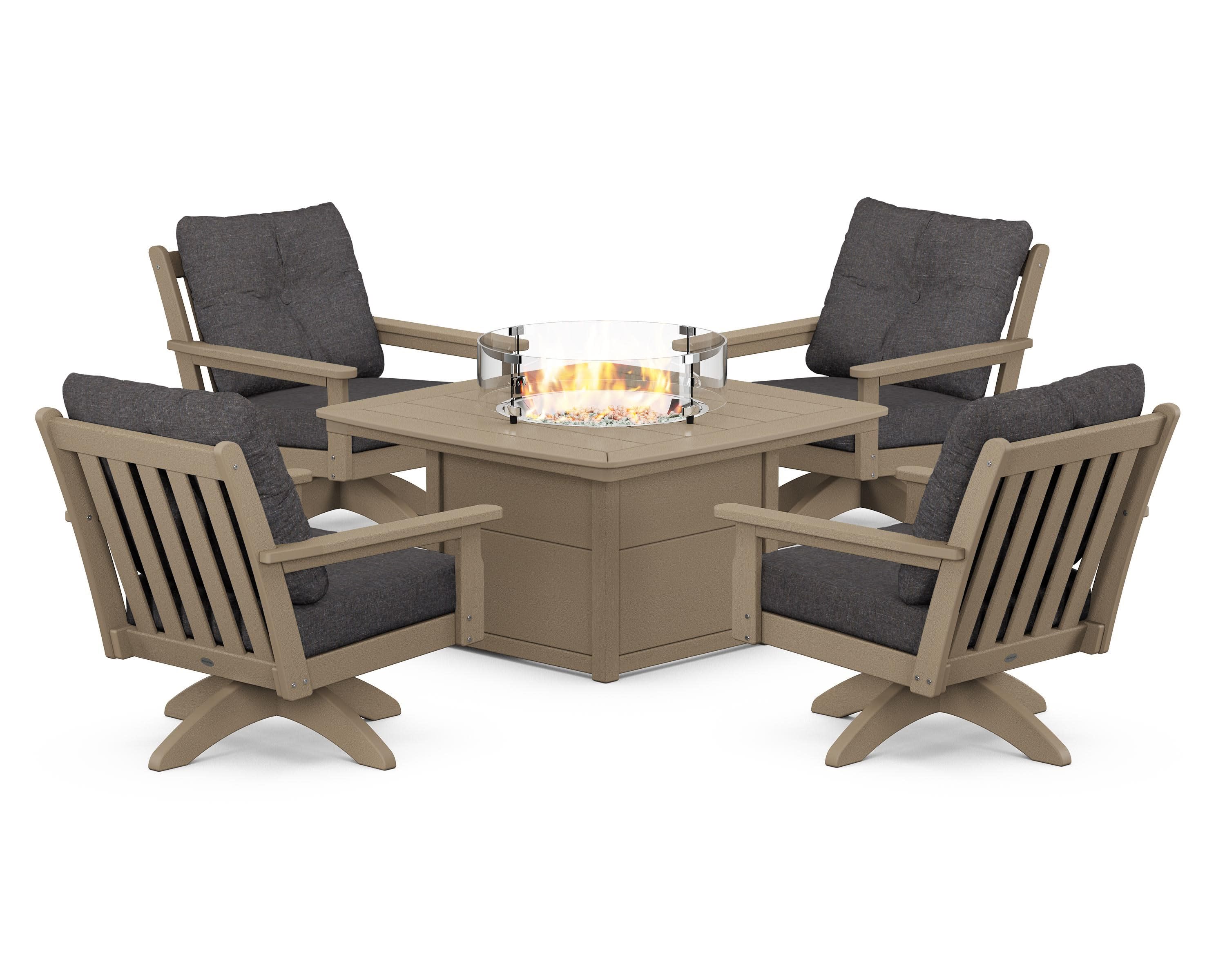 Vineyard 5-Piece Deep Seating Swivel Conversation Set with Fire Pit Table in Vintage Sahara / Ash Charcoal