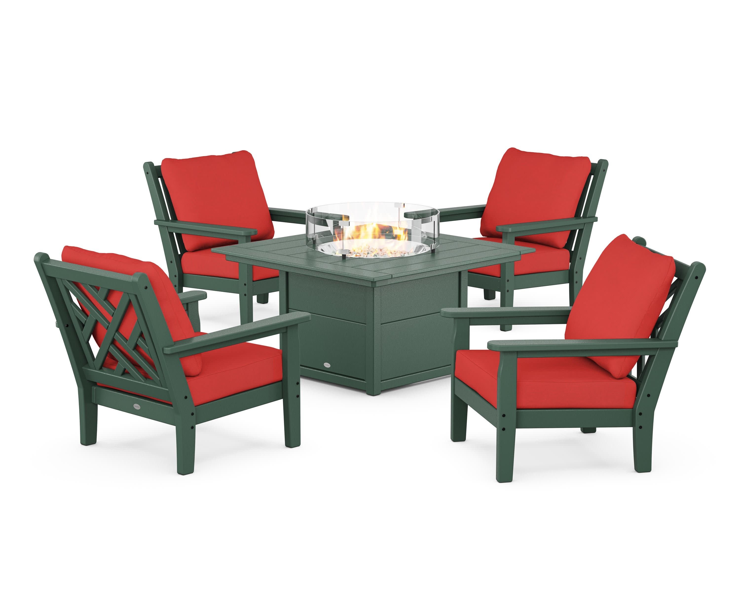 Chippendale 5-Piece Deep Seating Set with Fire Pit Table in Green / Crimson Linen