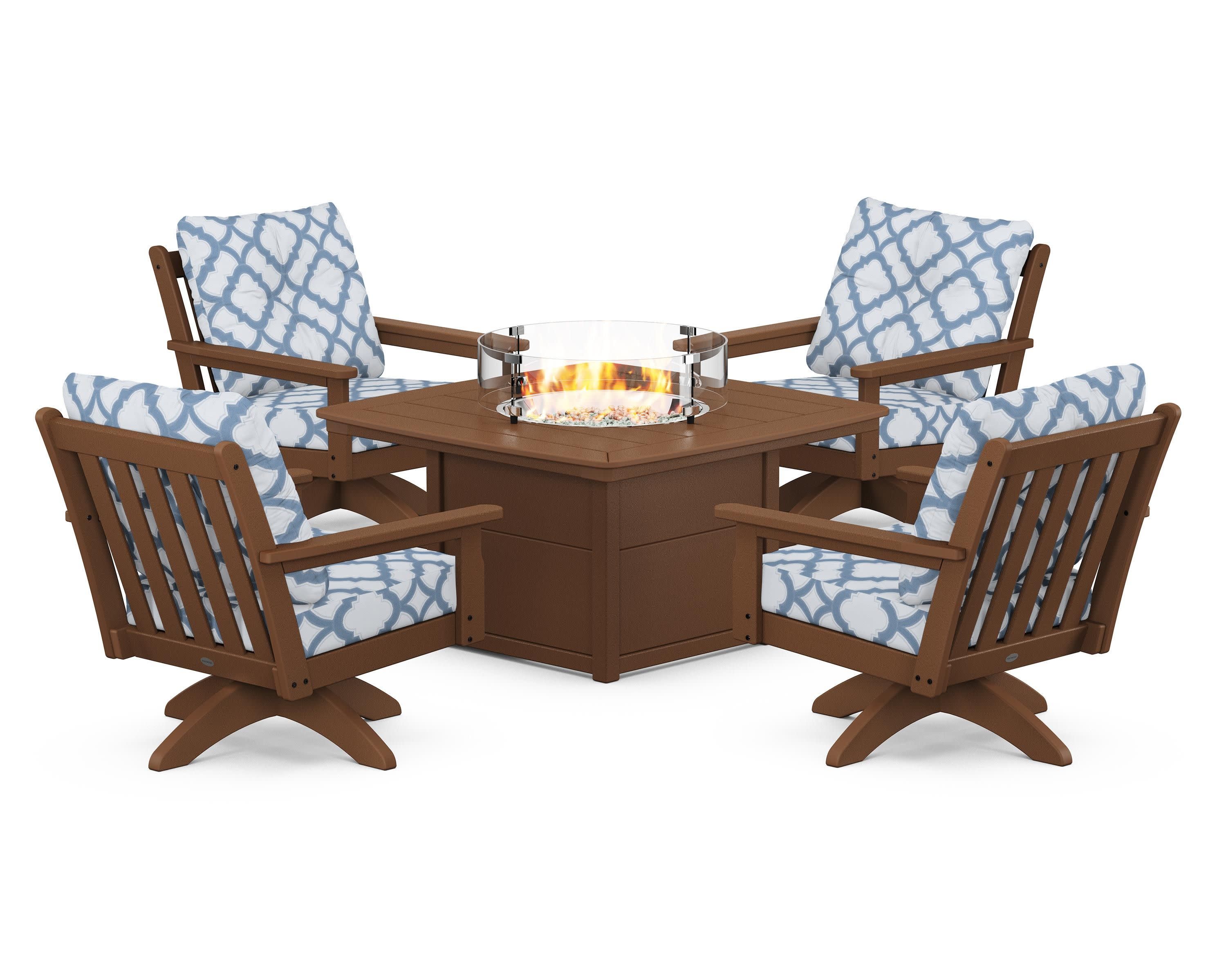 Vineyard 5-Piece Deep Seating Swivel Conversation Set with Fire Pit Table in Teak / Trellis Sky Blue