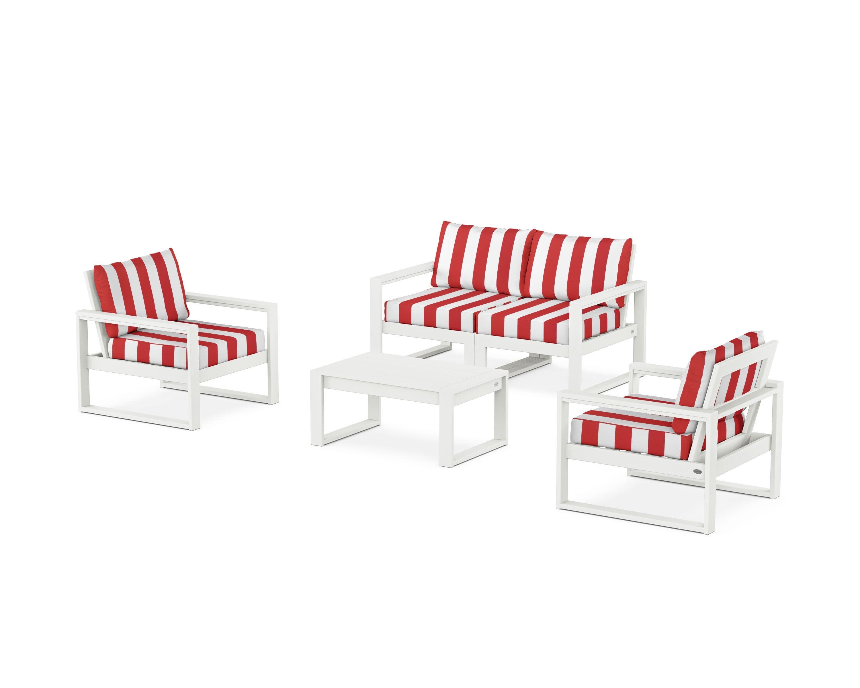 EDGE Sectional 4-Piece Deep Seating Set with Loveseat in Vintage White / Cabana Stripe Crimson