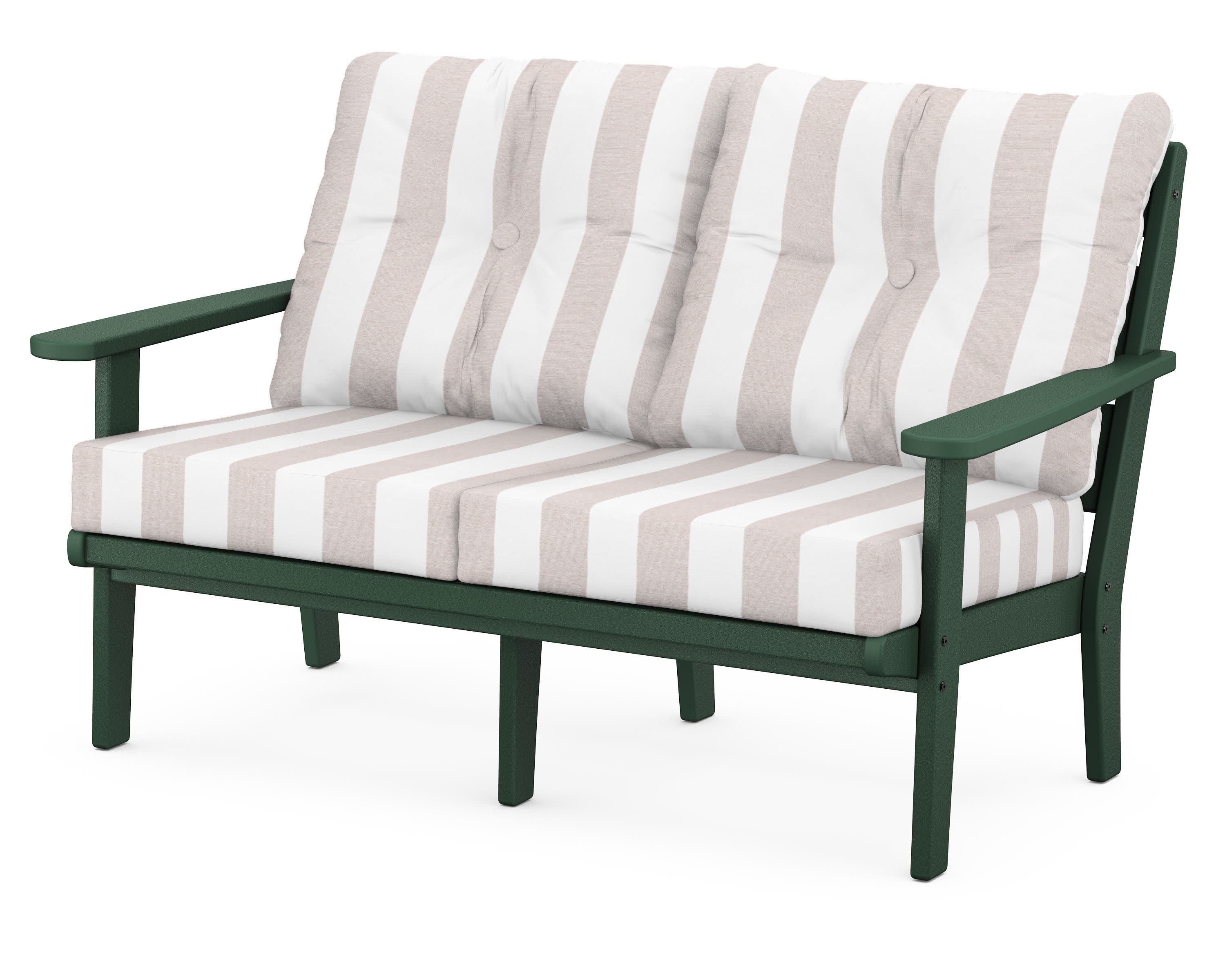 Lakeside Deep Seating Loveseat in Green / Cabana Stripe Dune Burlap