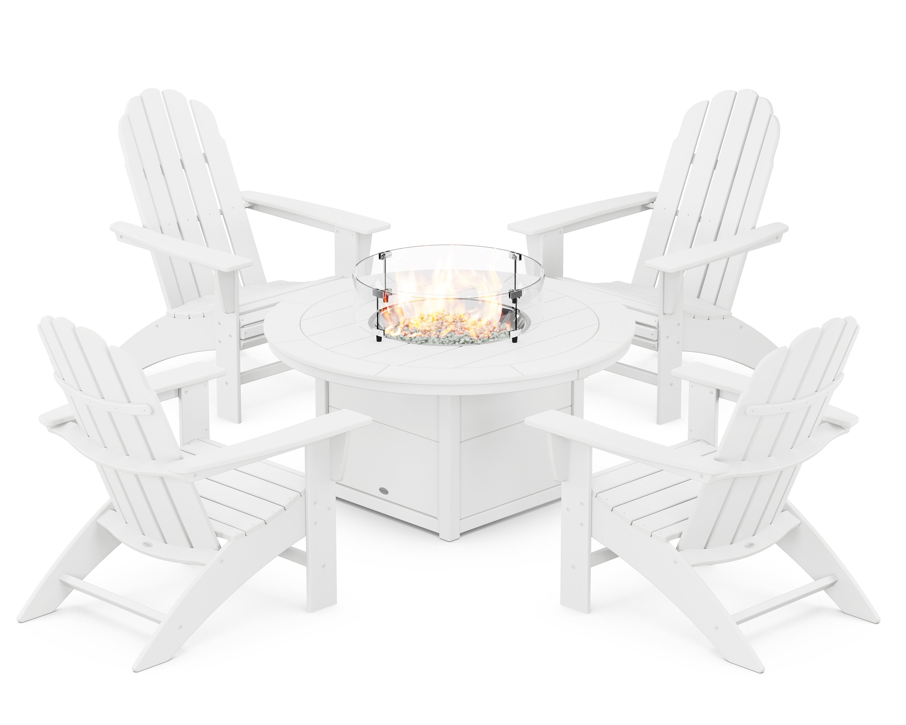 Vineyard Curveback Adirondack 5-Piece Conversation Set with Fire Pit Table in White