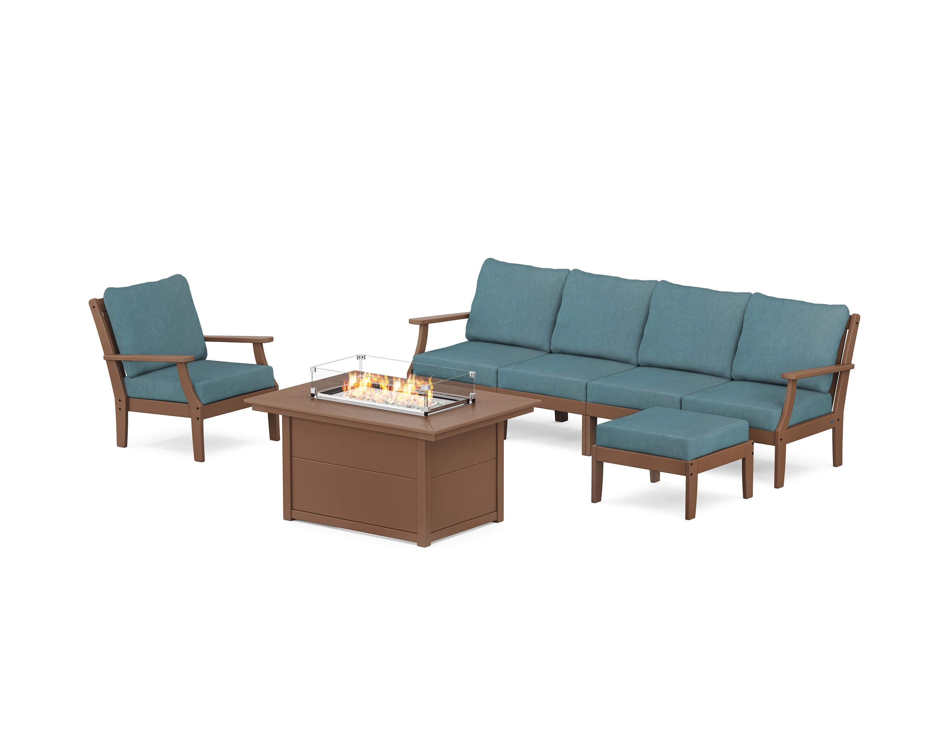 Braxton Sectional Lounge and Fire Pit Set in Teak / Ocean Teal