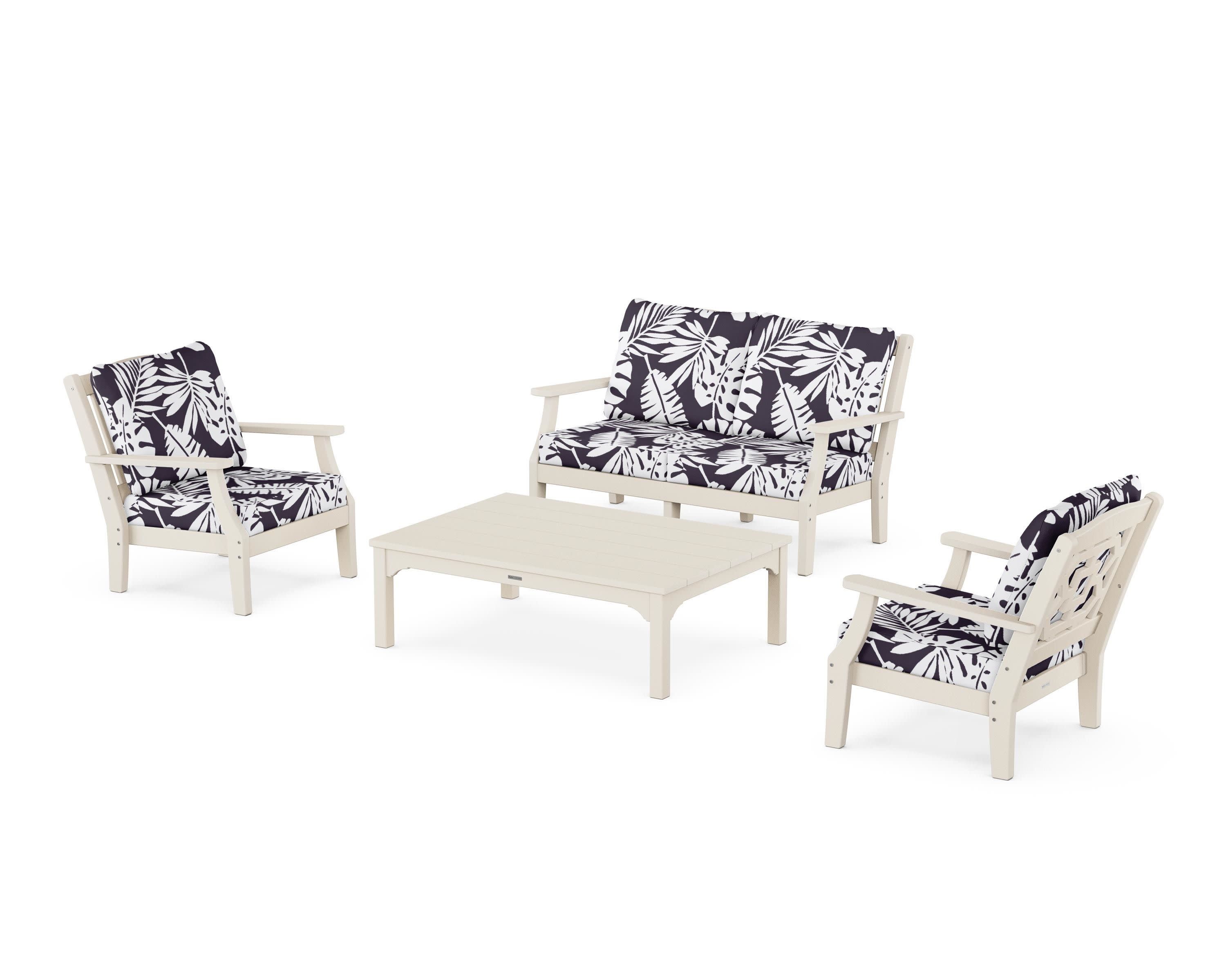 Chinoiserie 4-Piece Deep Seating Set with Loveseat in Sand / Leaf Navy