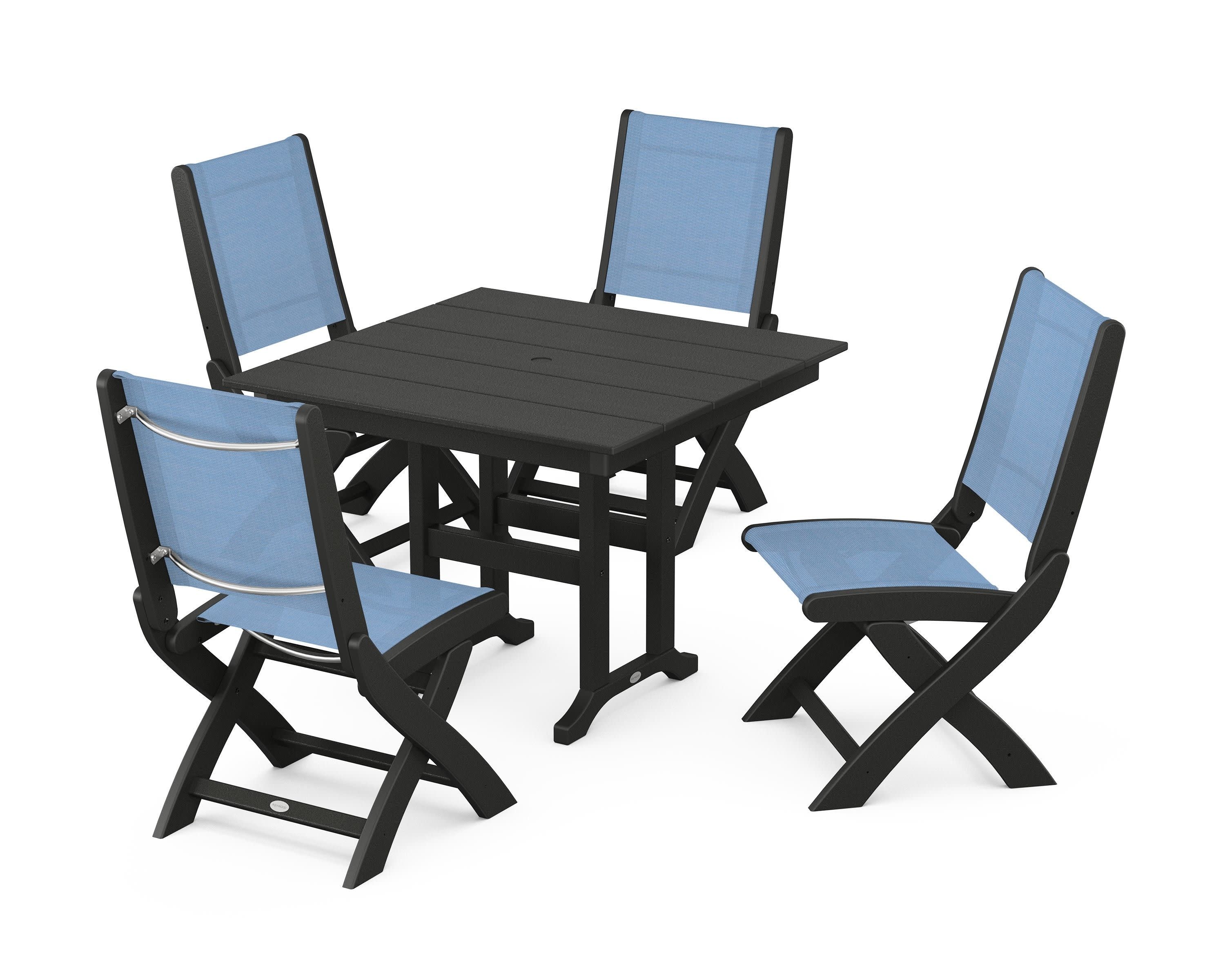 Coastal Folding Side Chair 5-Piece Farmhouse Dining Set in Black / Poolside Sling