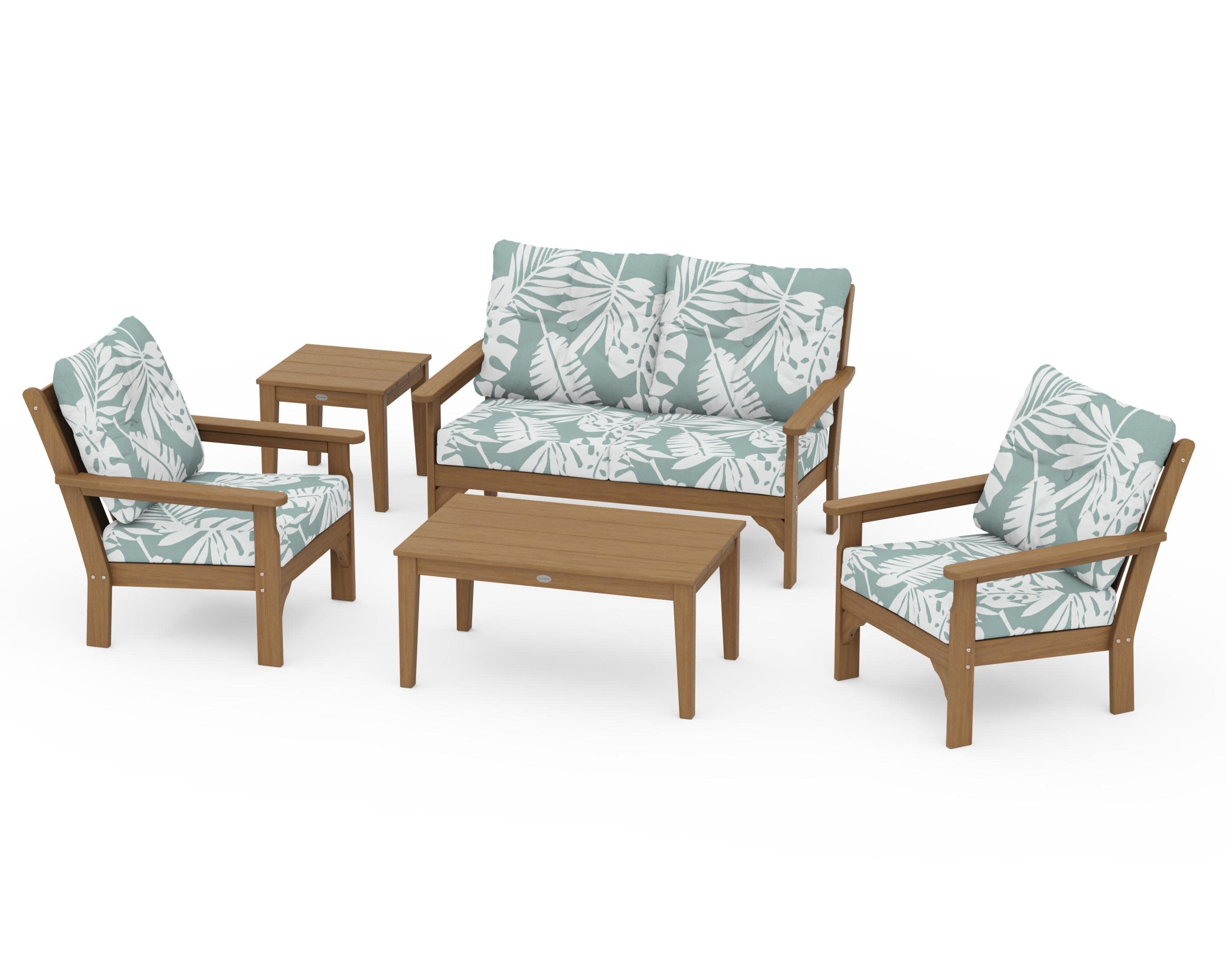 Vineyard 5-Piece Deep Seating Set in Natural / Leaf Glacier Spa