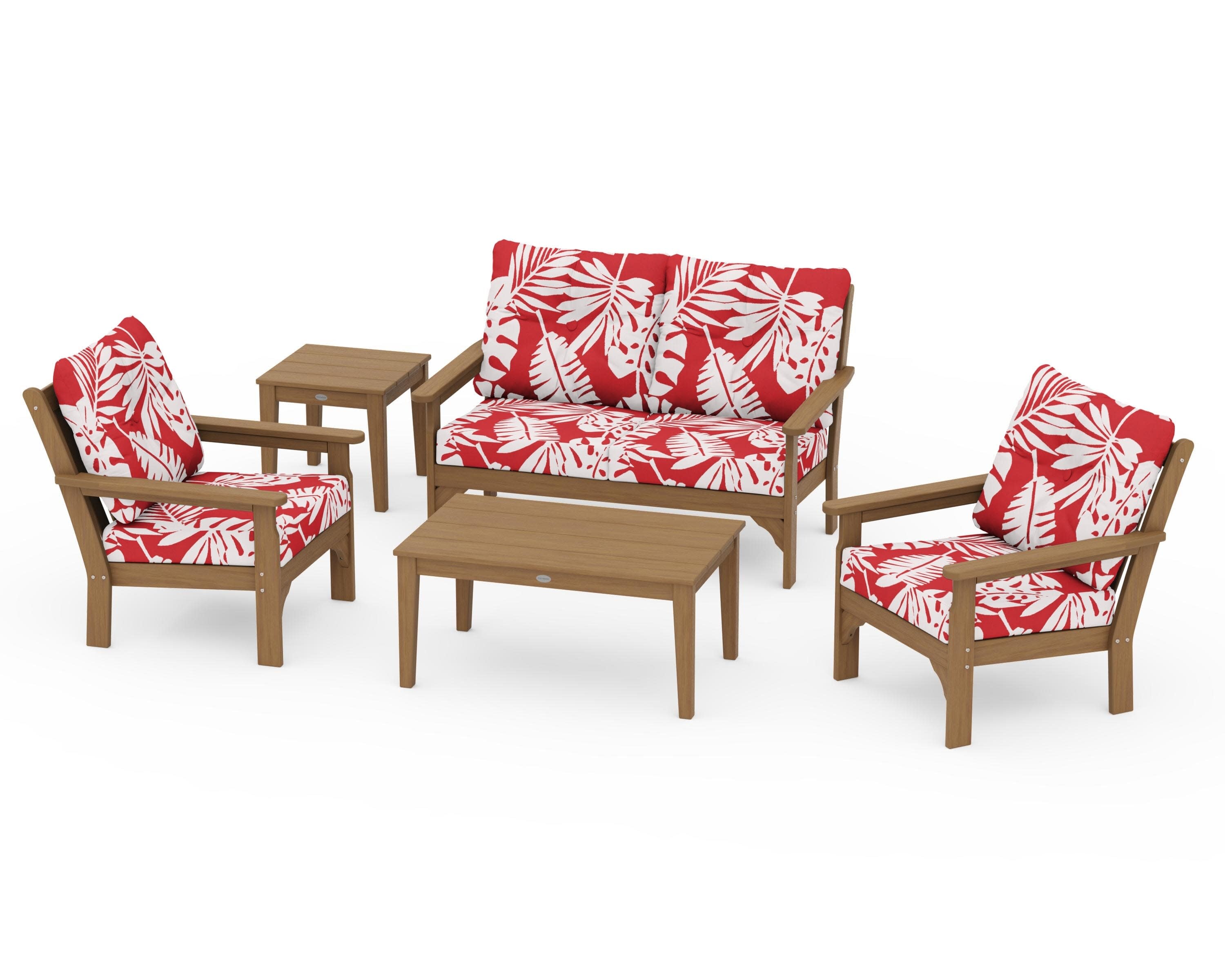 Vineyard 5-Piece Deep Seating Set in Natural / Leaf Crimson