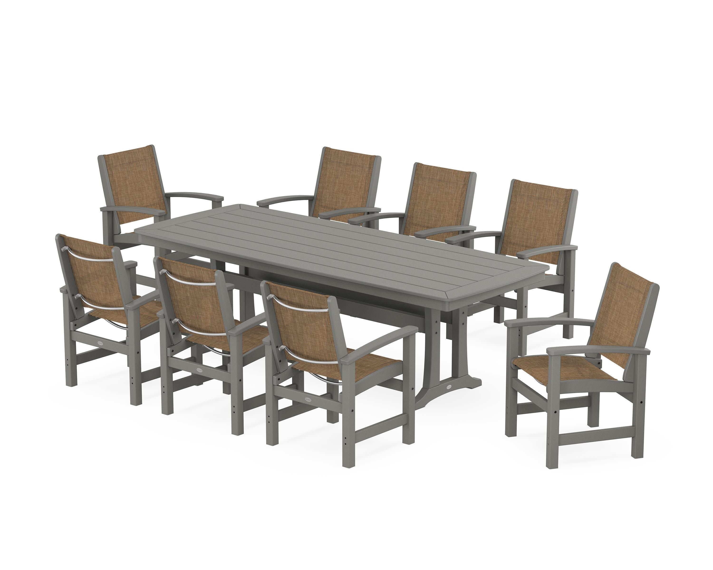 Coastal 9-Piece Dining Set with Trestle Legs in Slate Grey / Burlap Sling