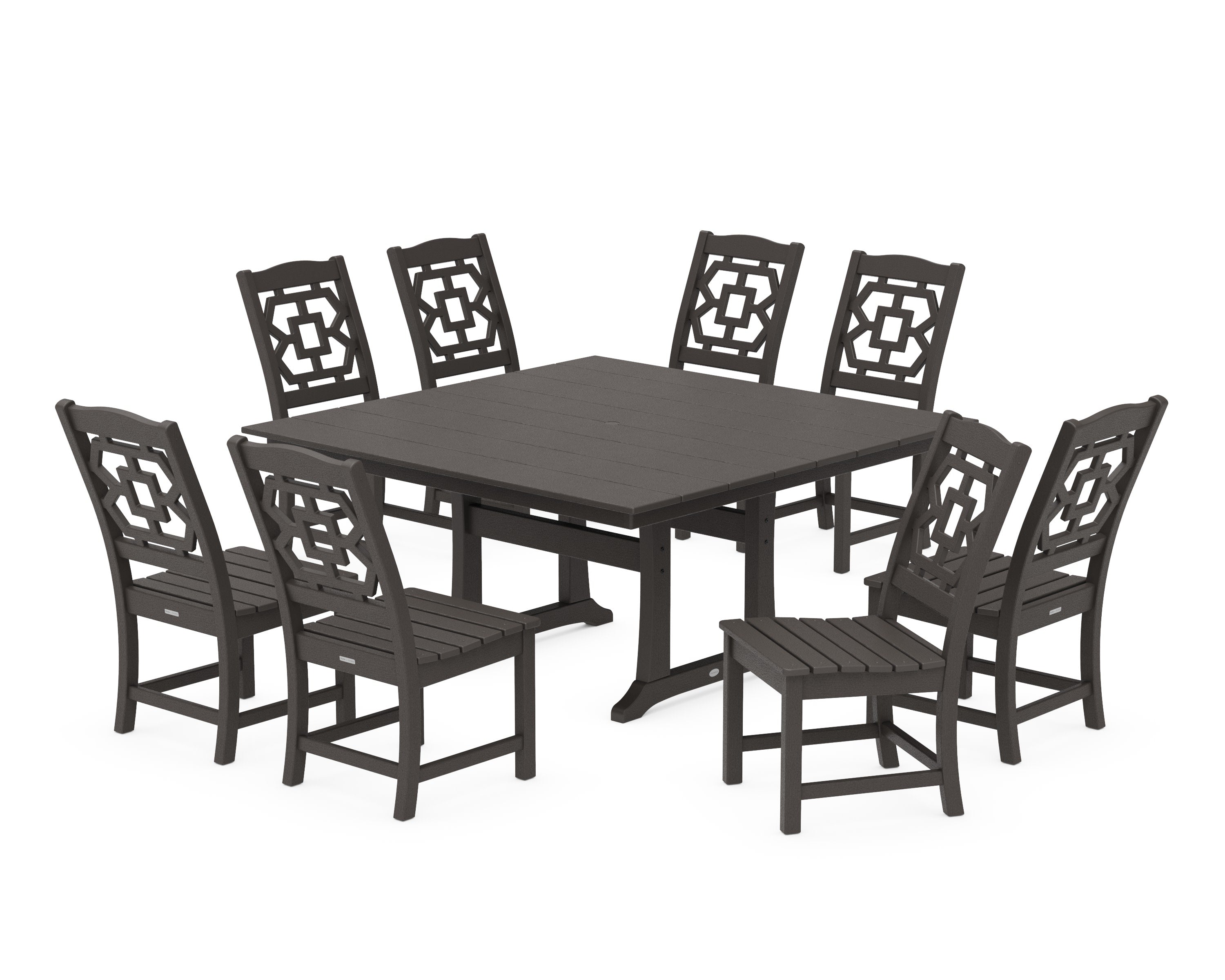 Chinoiserie 9-Piece Square Farmhouse Side Chair Dining Set with Trestle Legs in Vintage Coffee