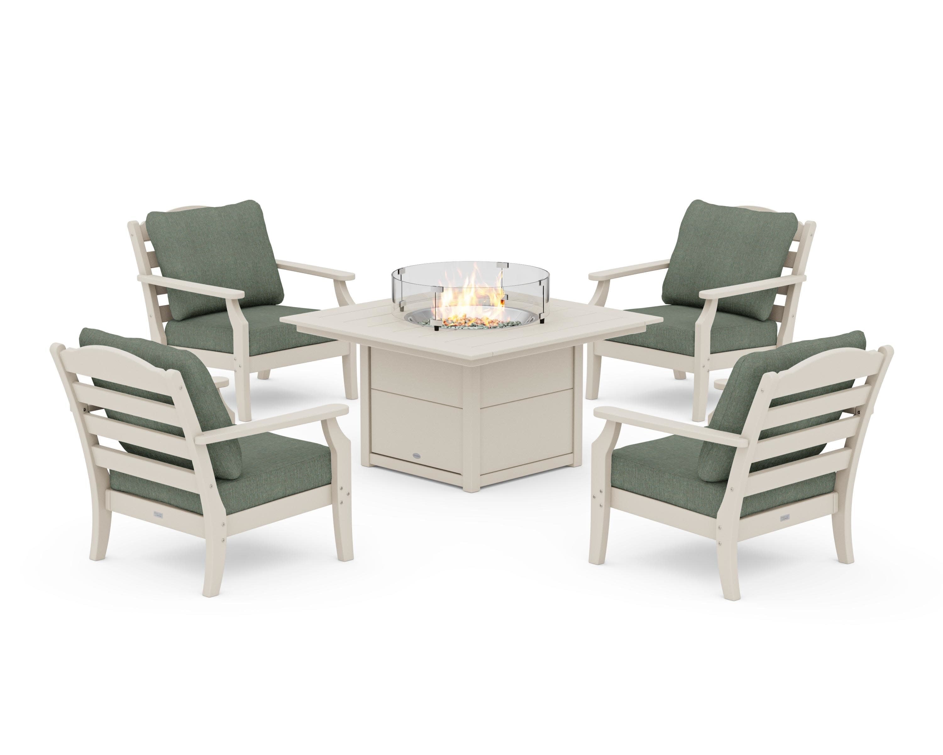 Savannah 5-Piece Deep Seating Set with Fire Pit Table in Sand / Cast Sage