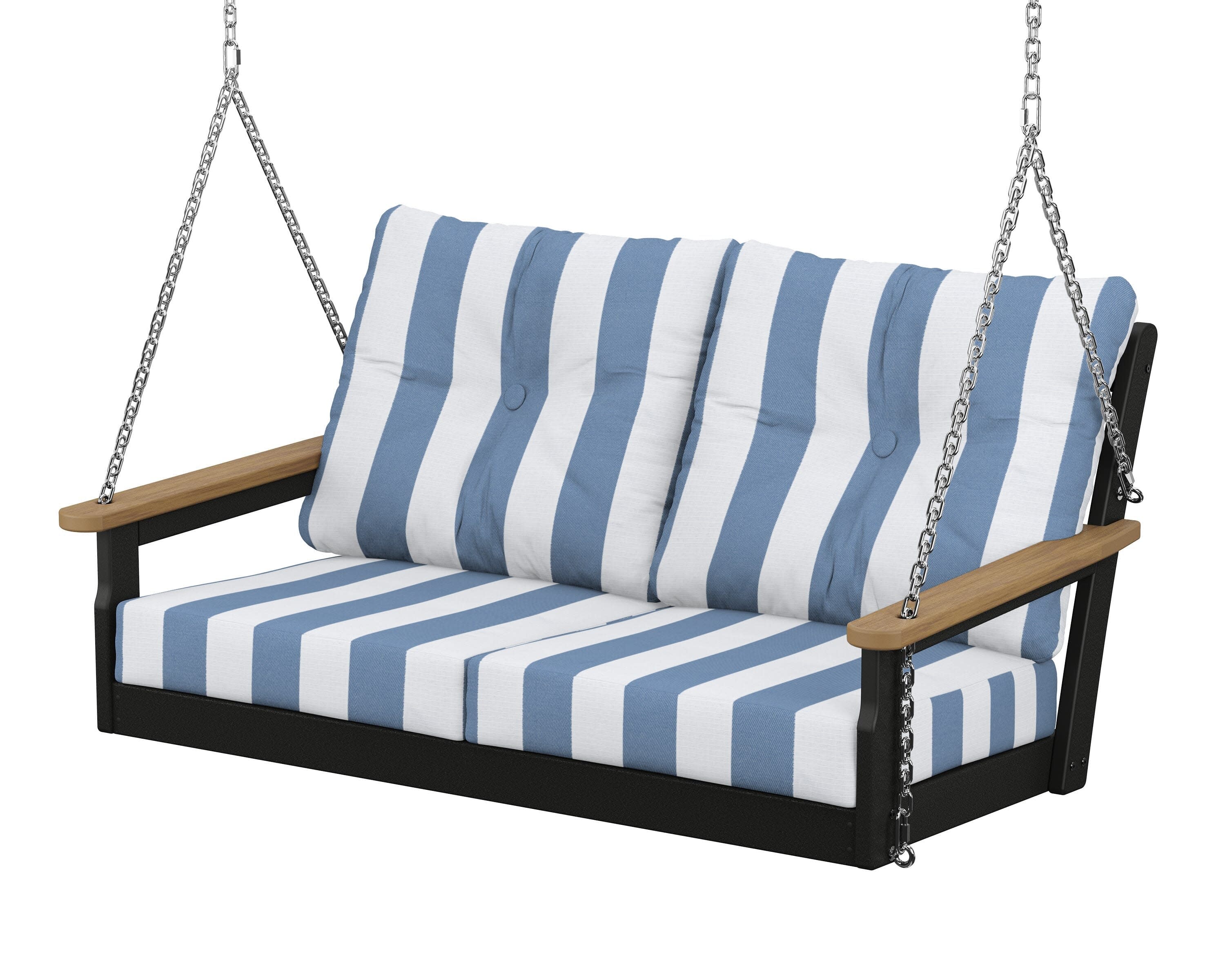 Vineyard Deep Seating Swing in Black / Natural / Cabana Stripe Sky Blue