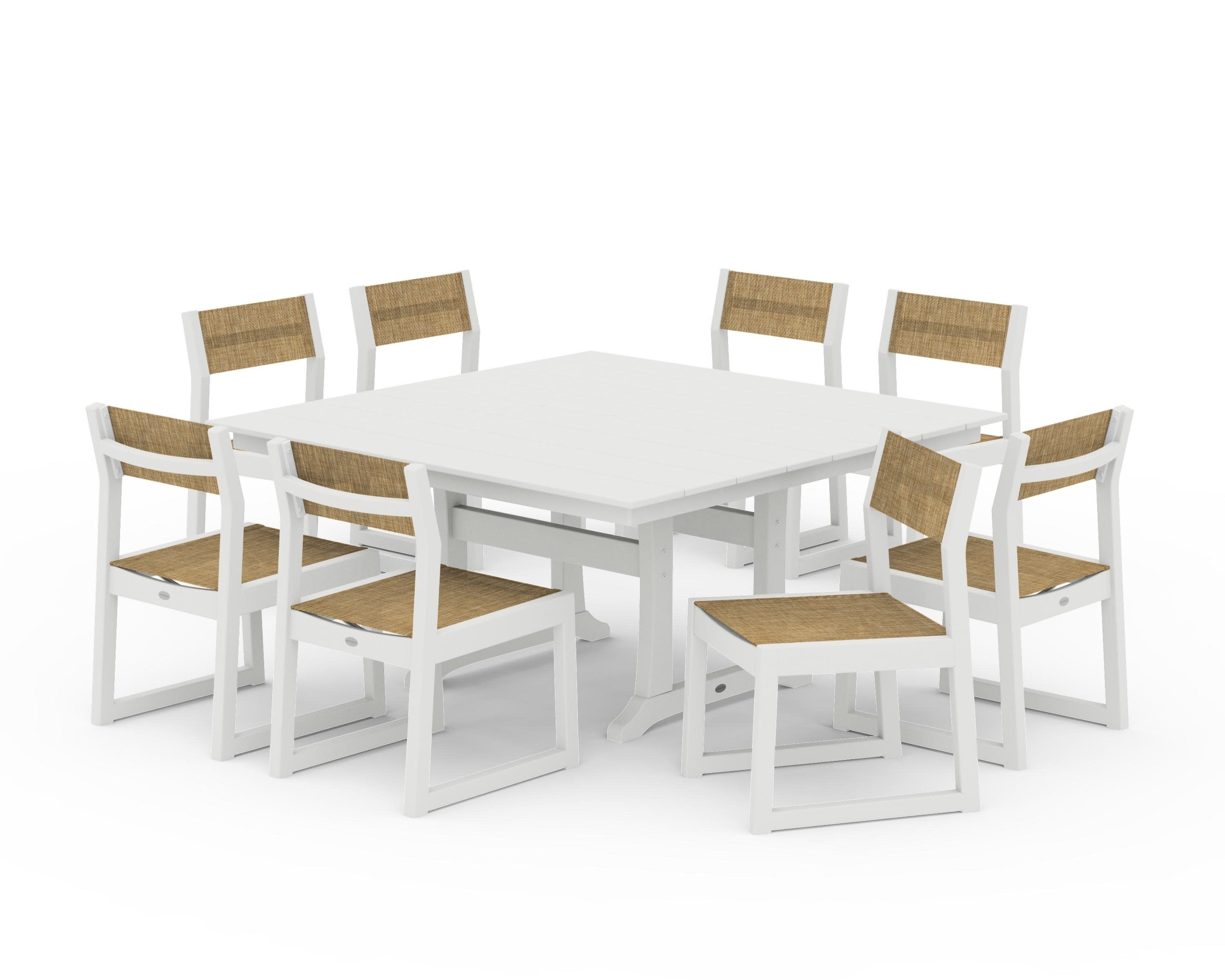 EDGE Sling Side Chair 9-Piece Farmhouse Trestle Dining Set in Vintage White / Burlap Sling