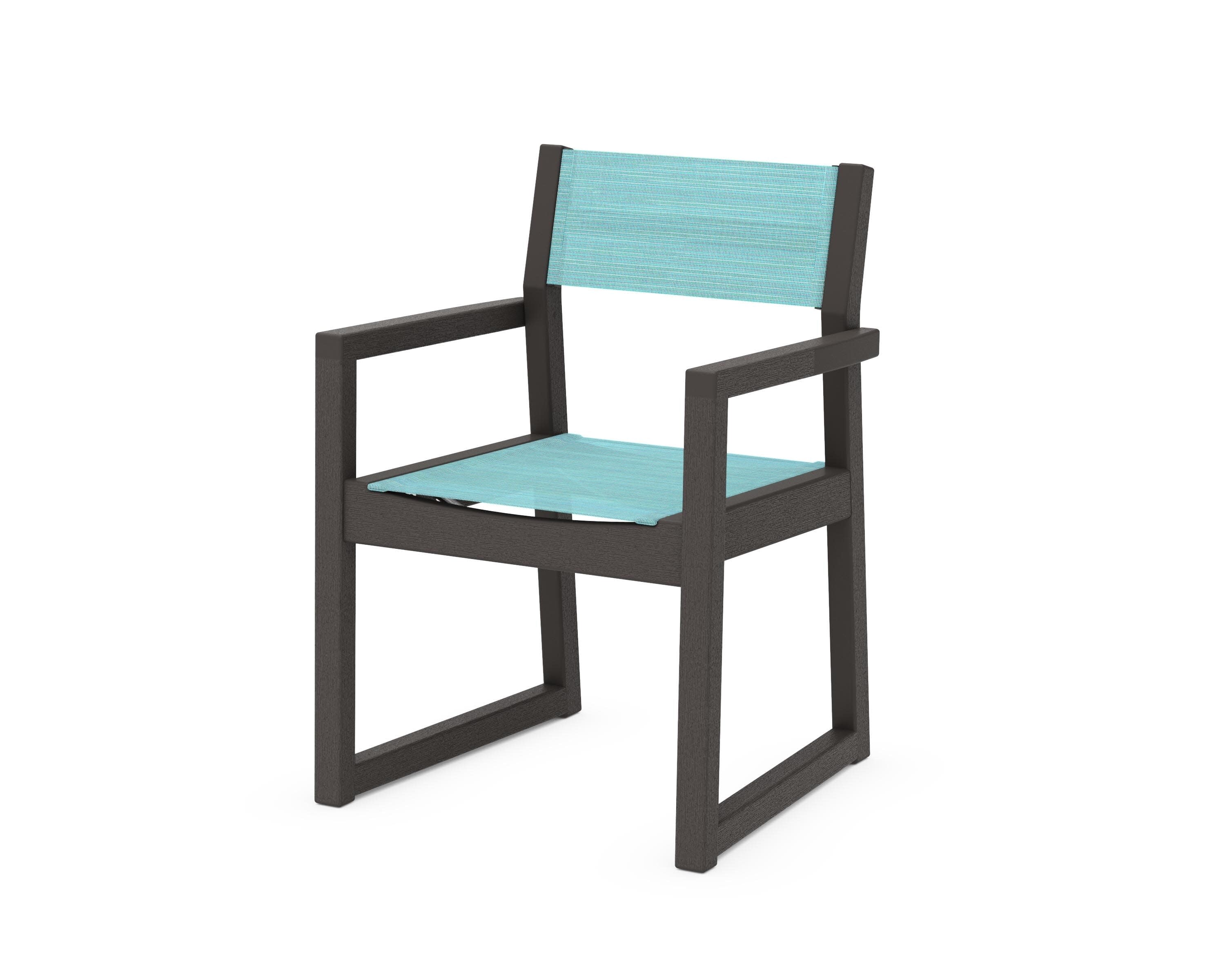 EDGE Sling Dining Arm Chair in Vintage Coffee / Dupioni Aquamarine Sling