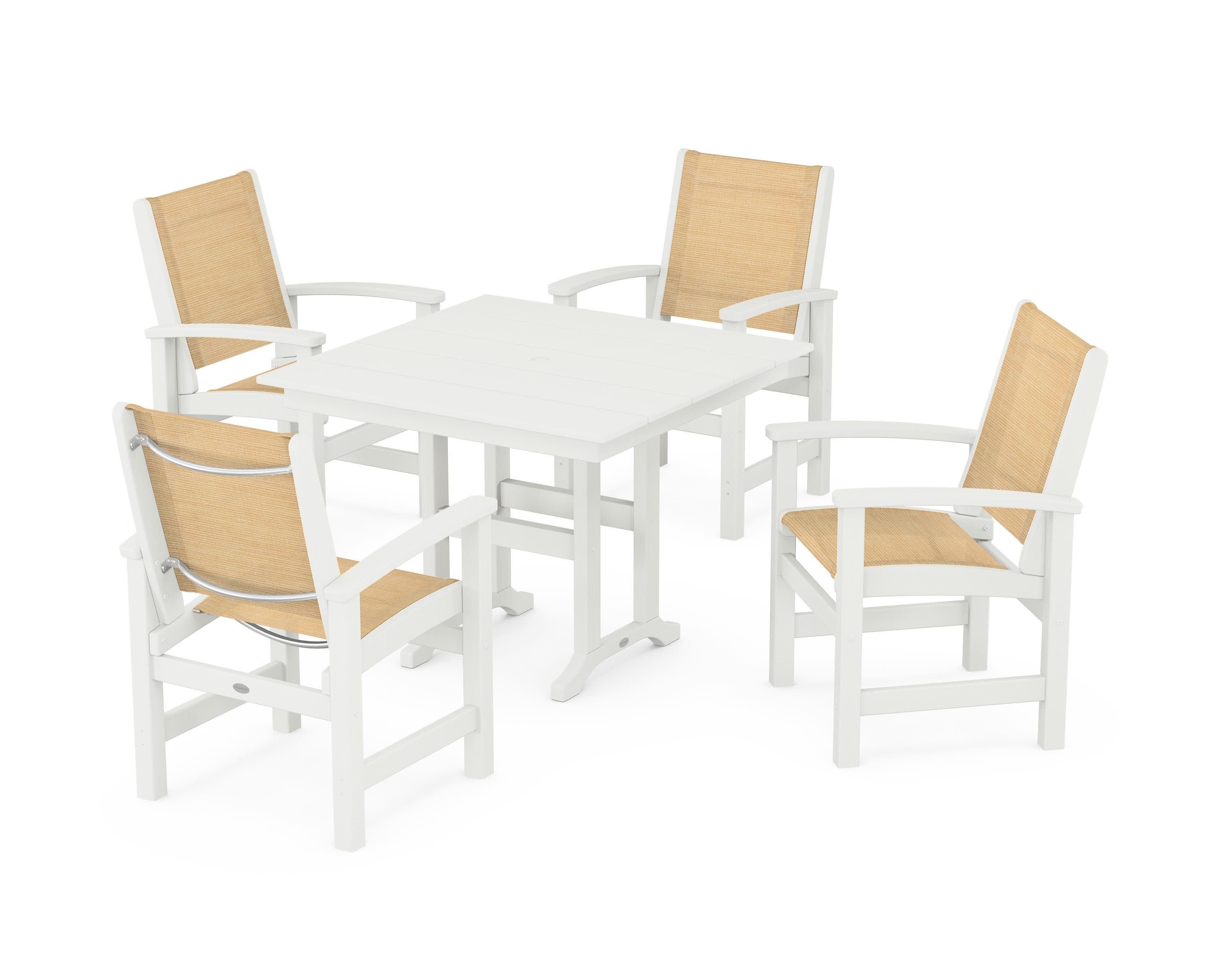 Coastal 5-Piece Farmhouse Dining Set in Vintage White / Dupioni Apricot Sling
