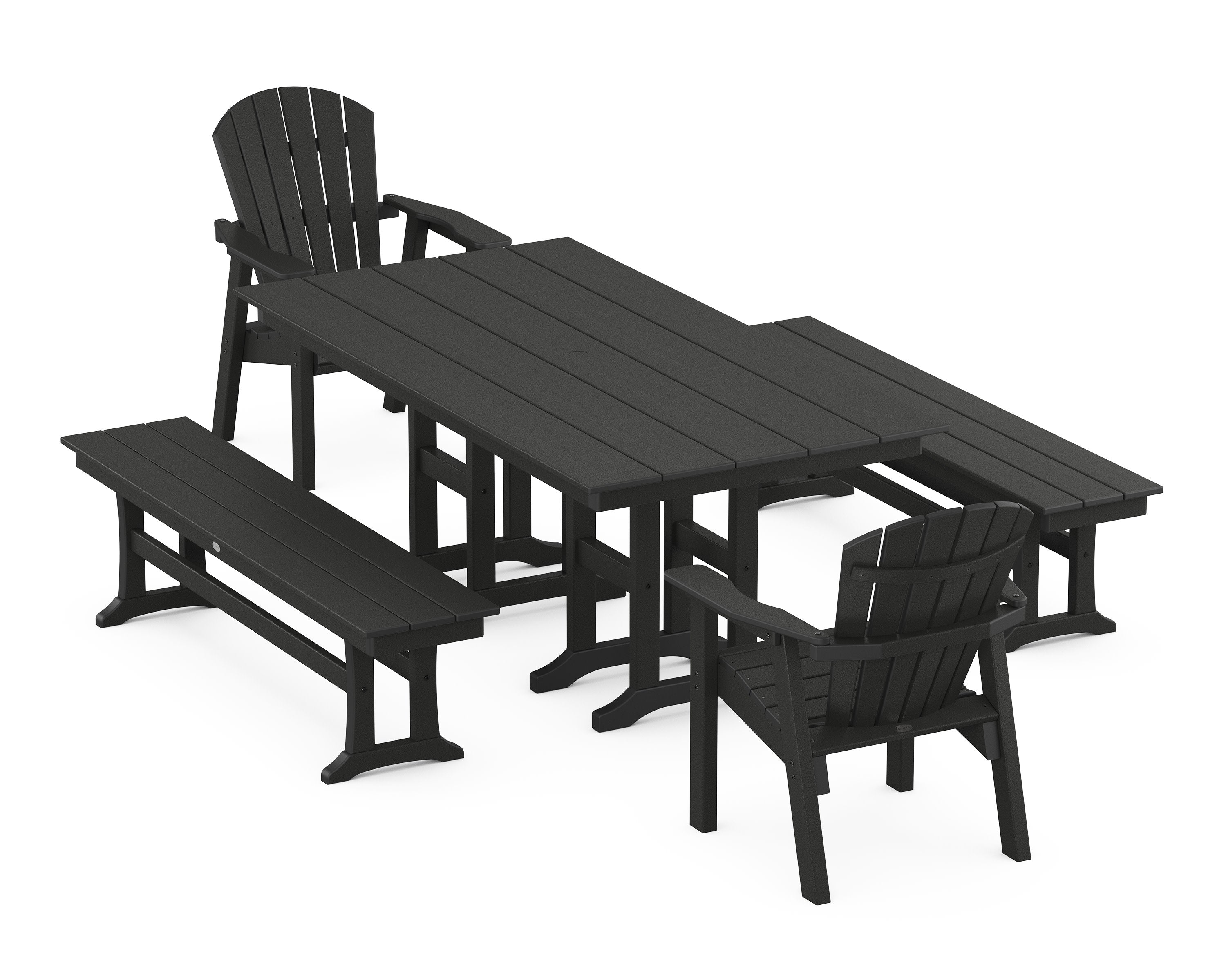 Seashell 5-Piece Farmhouse Dining Set with Benches in Black