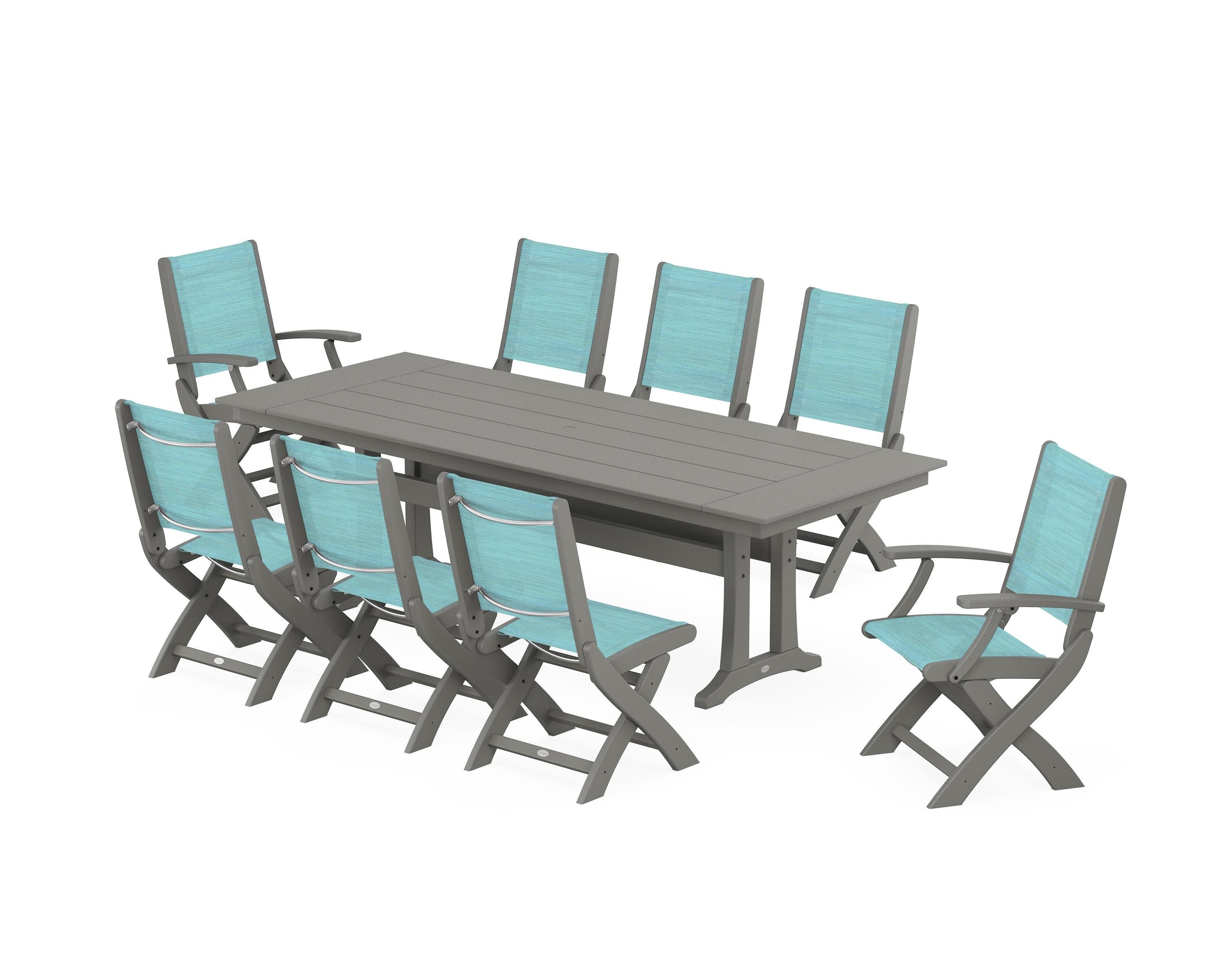 Coastal 9-Piece Folding Dining Chair Farmhouse Dining Set with Trestle Legs in Slate Grey / Dupioni Aquamarine Sling