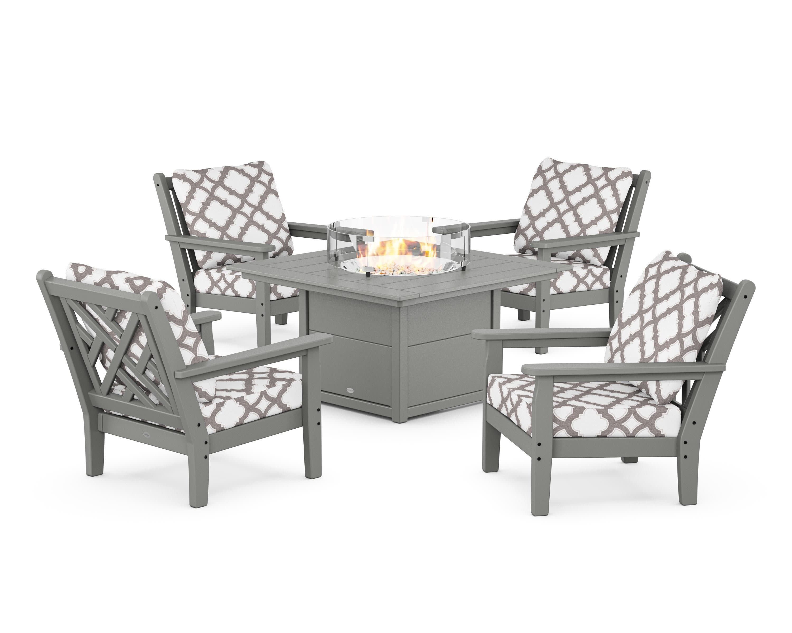 Chippendale 5-Piece Deep Seating Set with Fire Pit Table in Slate Grey / Trellis Grey Mist