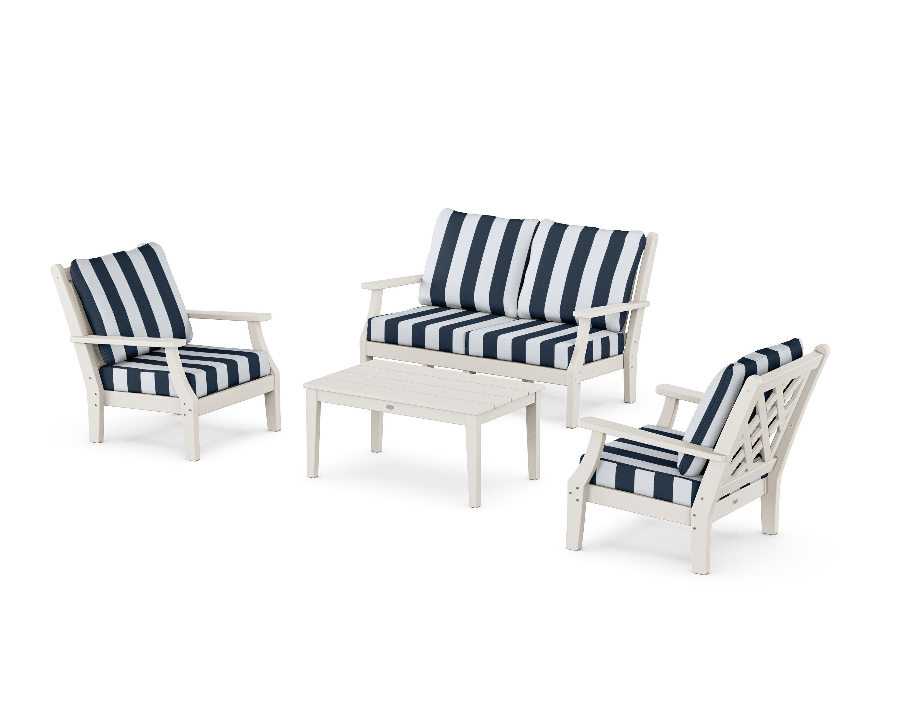 Wovendale 4-Piece Deep Seating Set with Loveseat in Sand / Cabana Stripe Marine Indigo