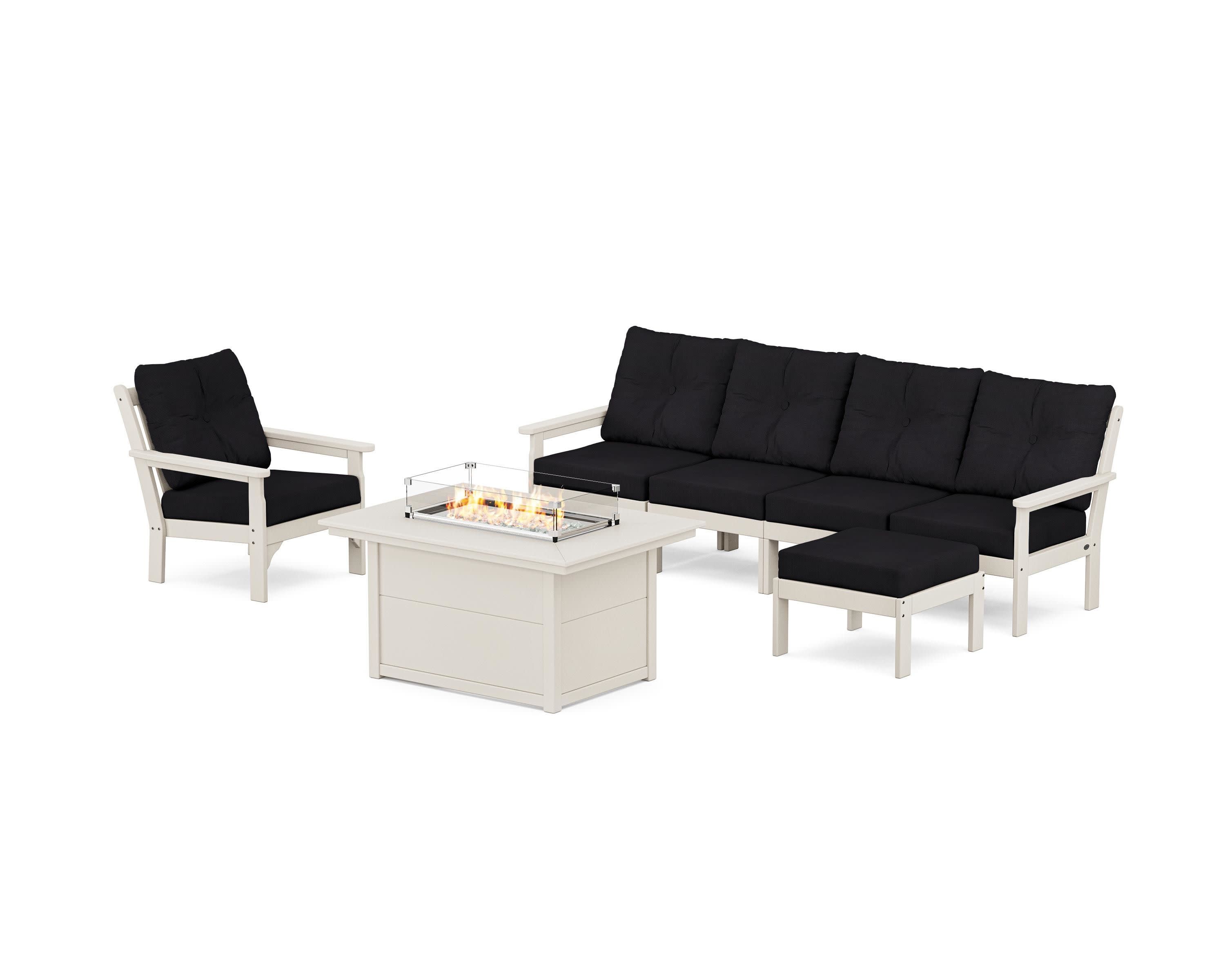 Vineyard Sectional Lounge and Fire Pit Set in Sand / Midnight Linen