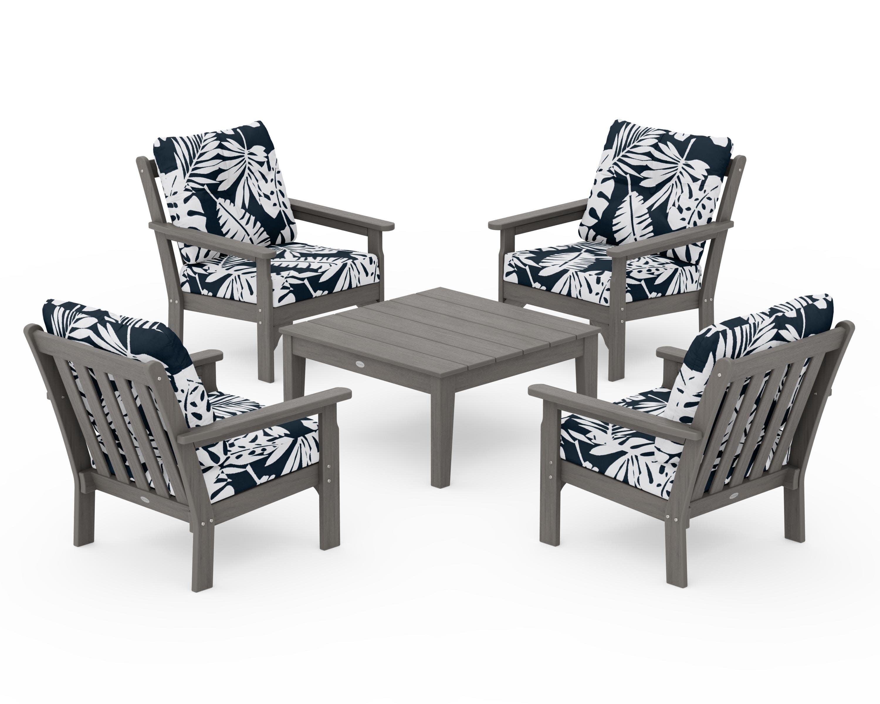 Vineyard 5-Piece Deep Seating Conversation Set in Driftwood / Leaf Marine Indigo