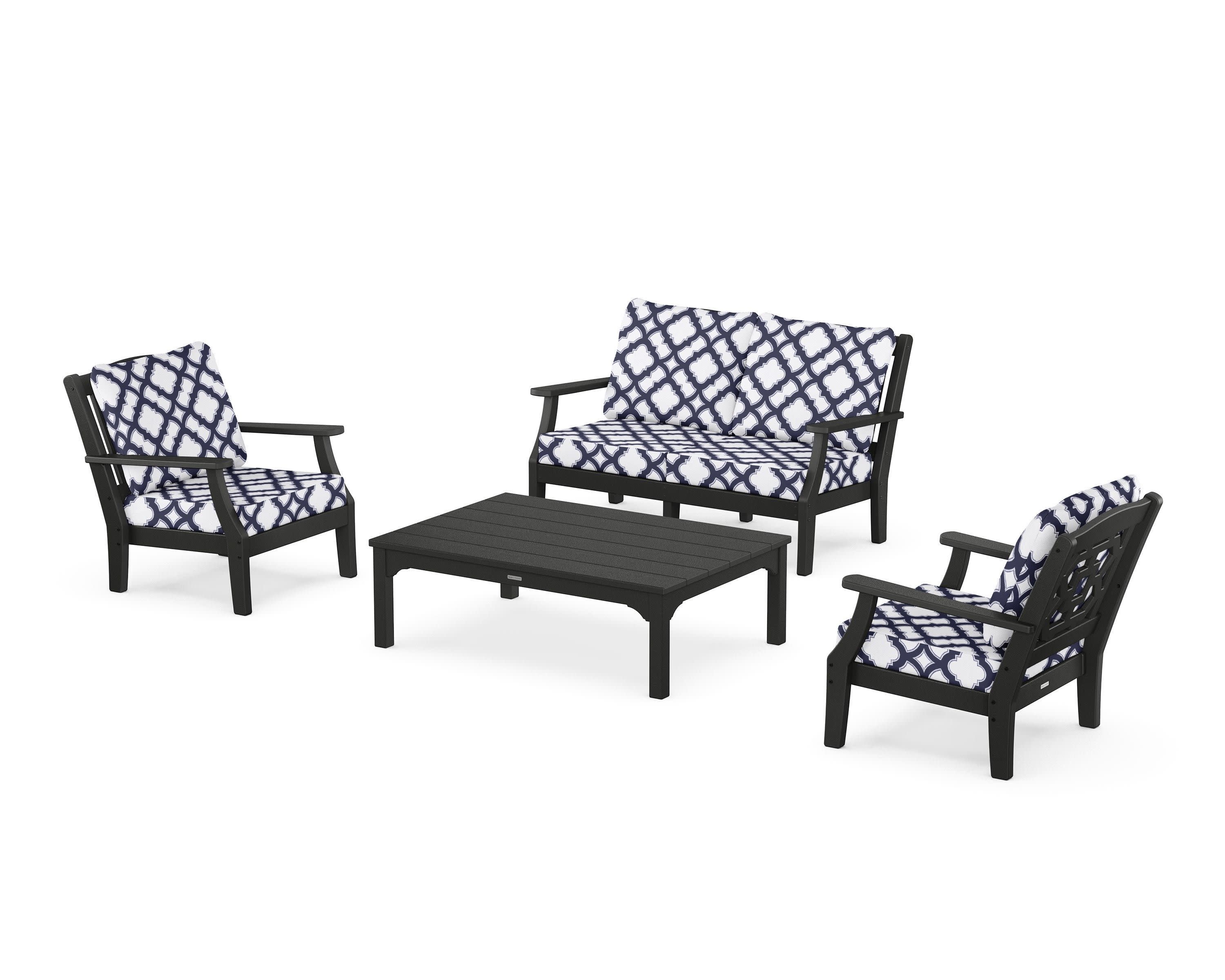 Chinoiserie 4-Piece Deep Seating Set with Loveseat in Black / Trellis Navy