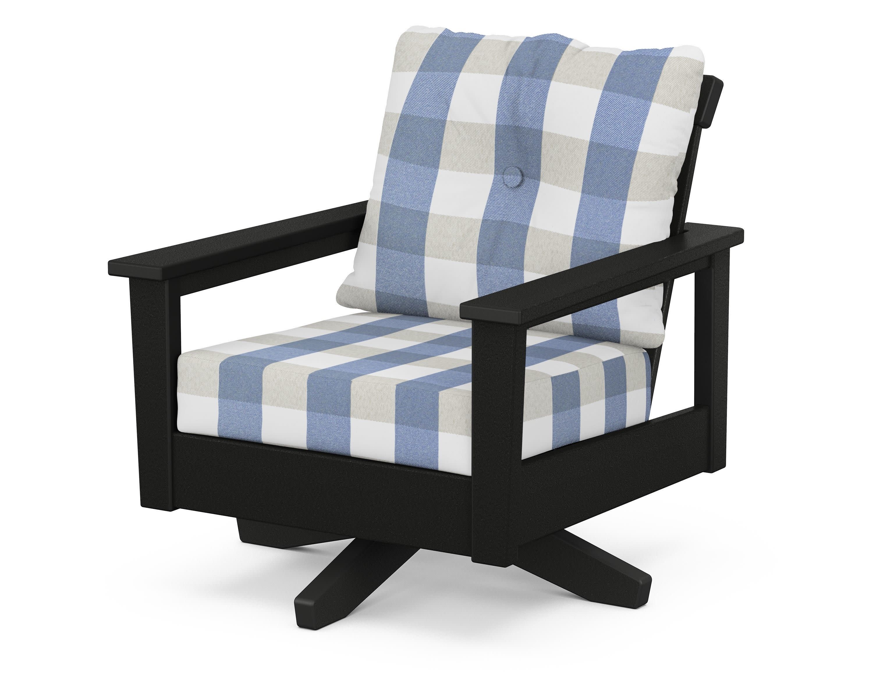 Prescott Deep Seating Swivel Chair in Black / Buffalo Plaid Sky Blue