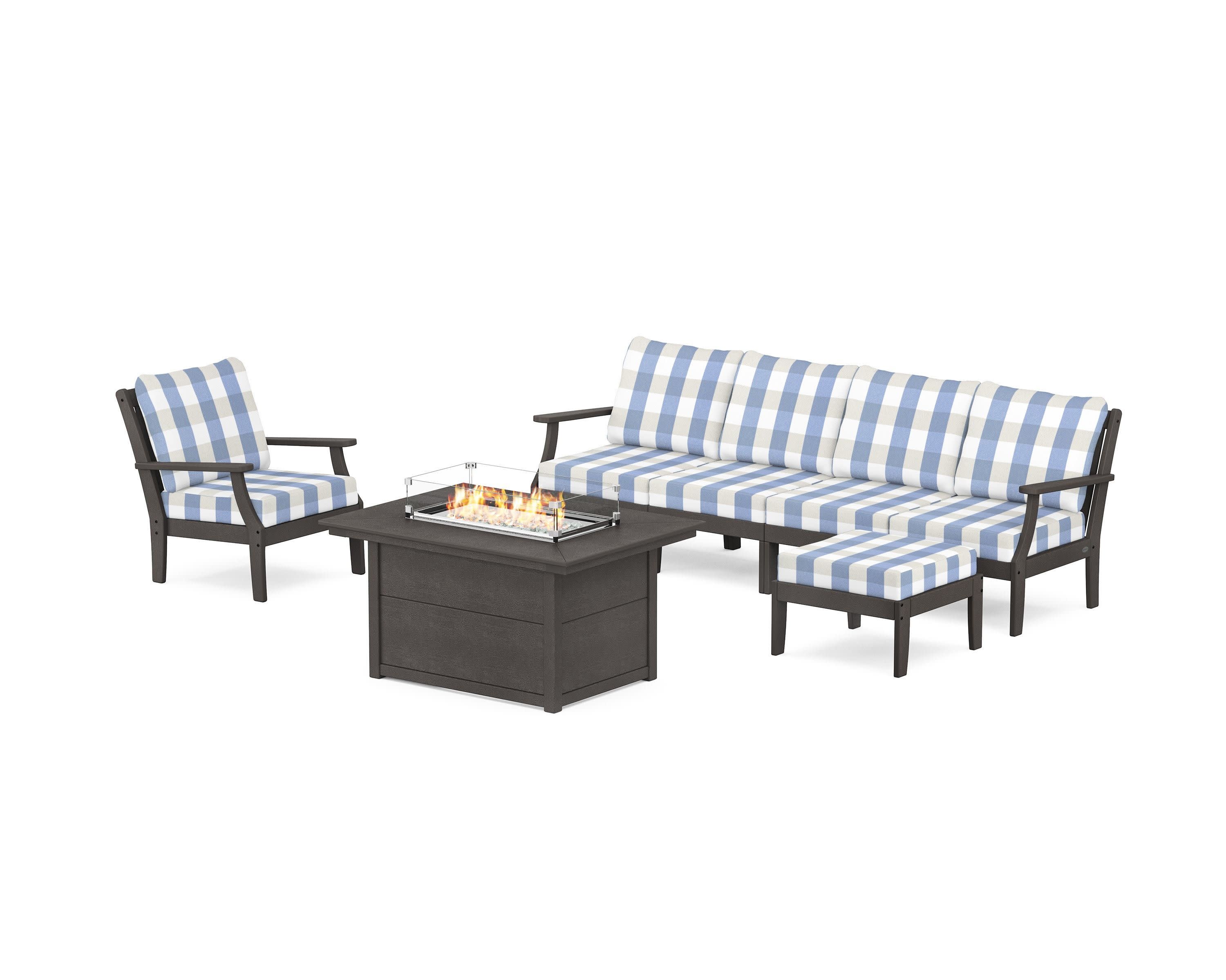 Braxton Sectional Lounge and Fire Pit Set in Vintage Coffee / Buffalo Plaid Sky Blue