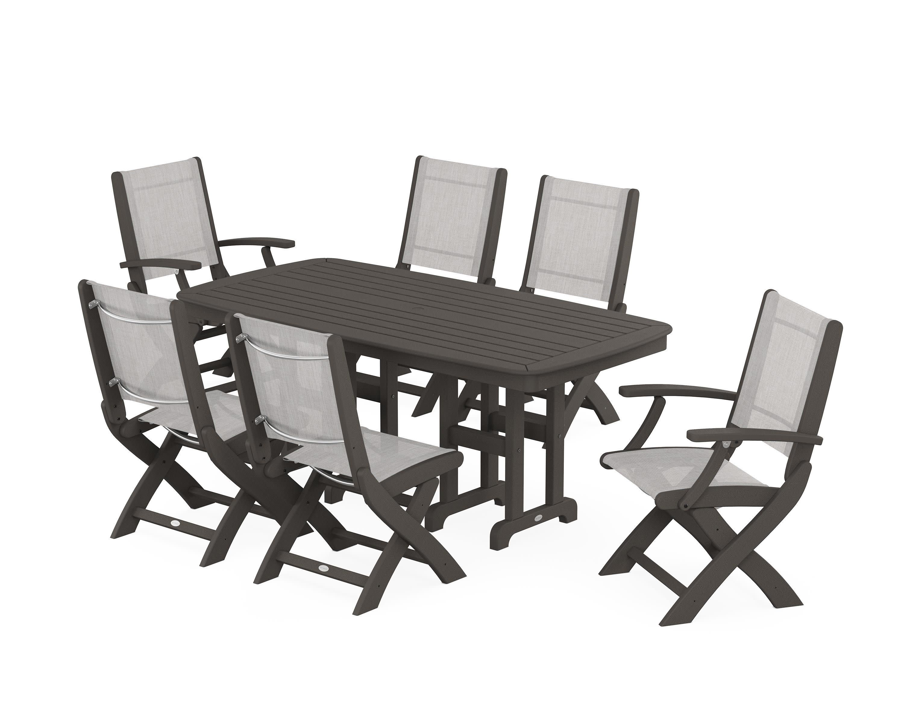 Coastal Folding Chair 7-Piece Dining Set in Vintage Coffee / Parchment Sling
