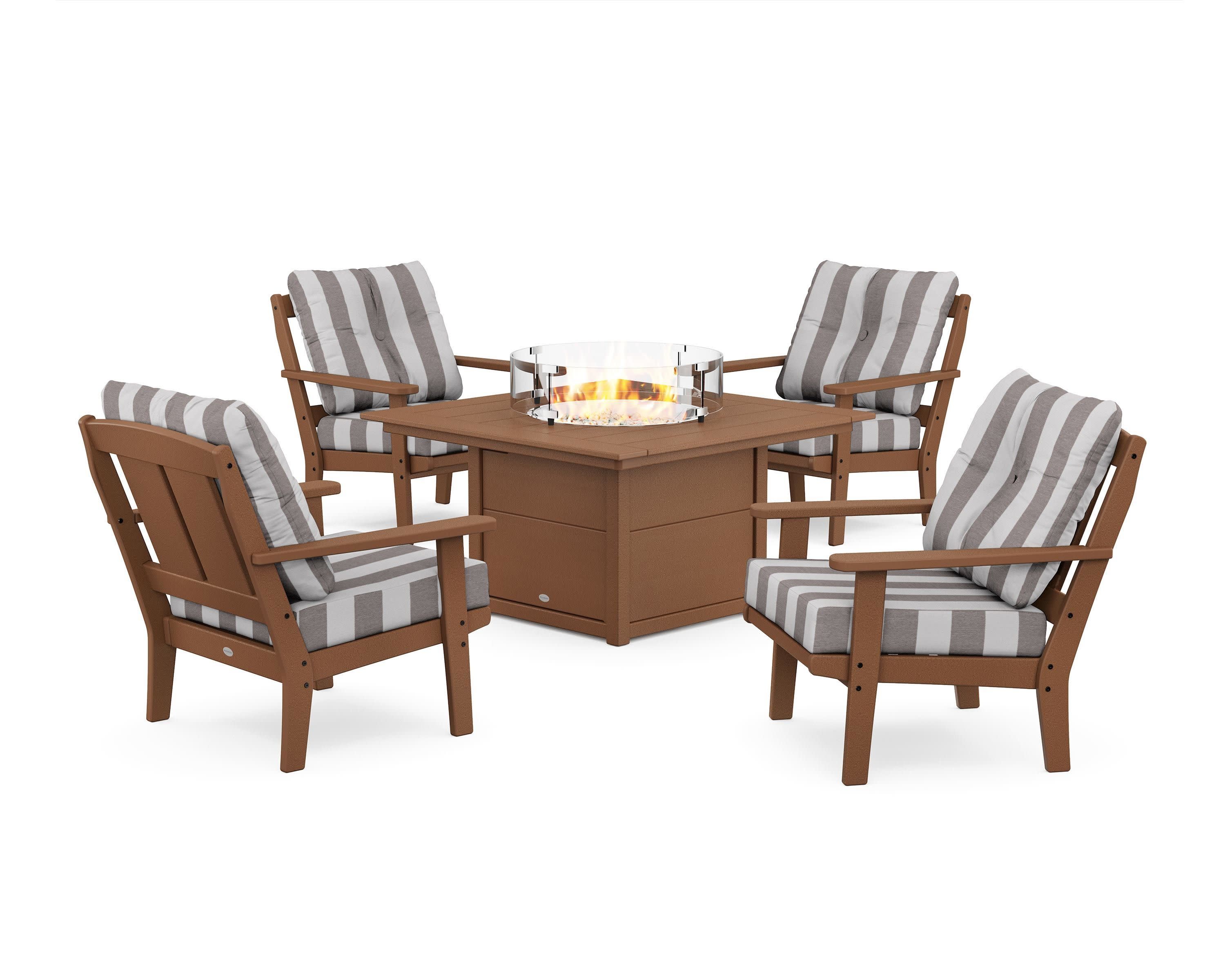 Mission 5-Piece Deep Seating Set with Fire Pit Table in Teak / Cabana Stripe Grey Mist
