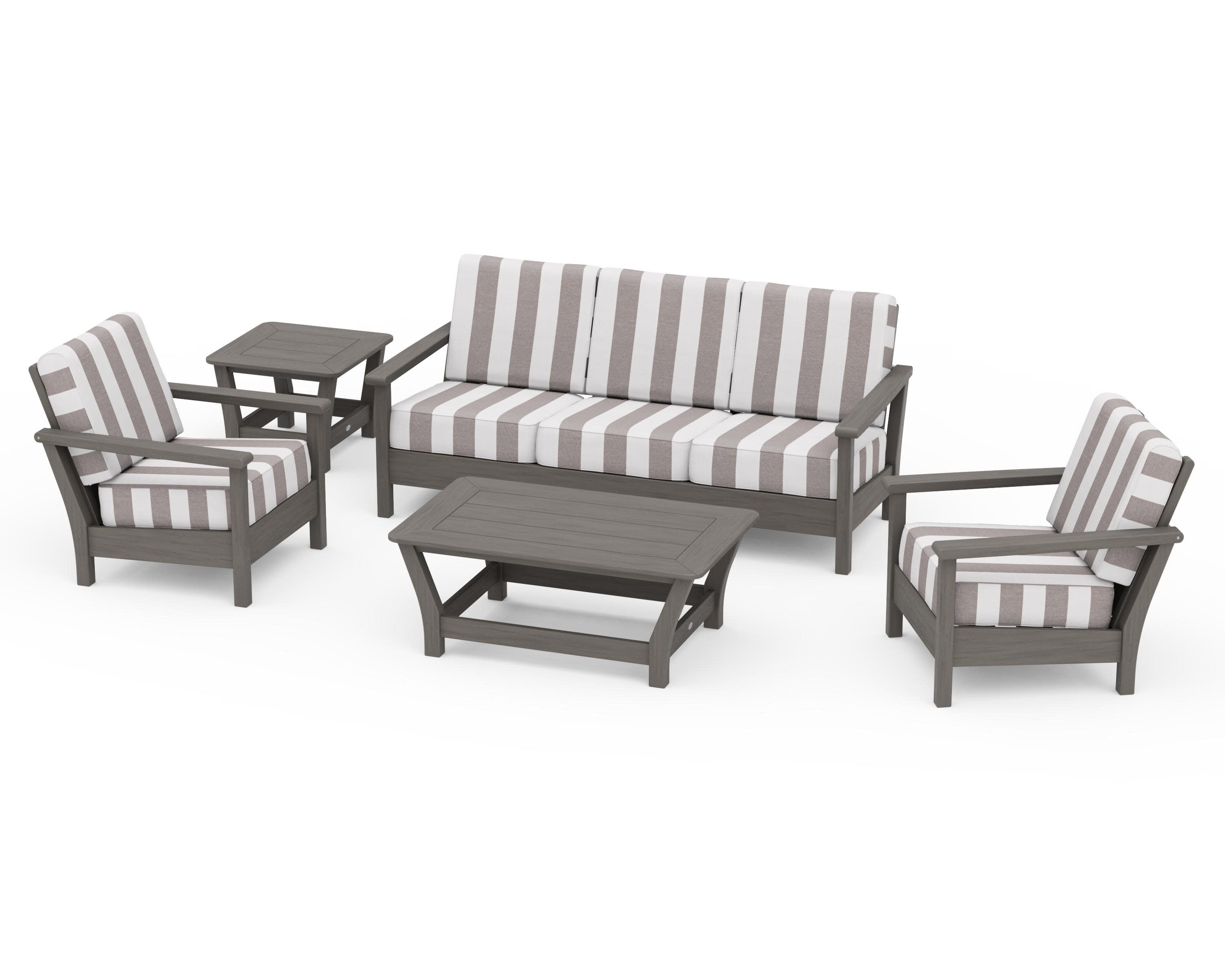 Harbour 5-Piece Deep Seating Set in Driftwood / Cabana Stripe Grey Mist