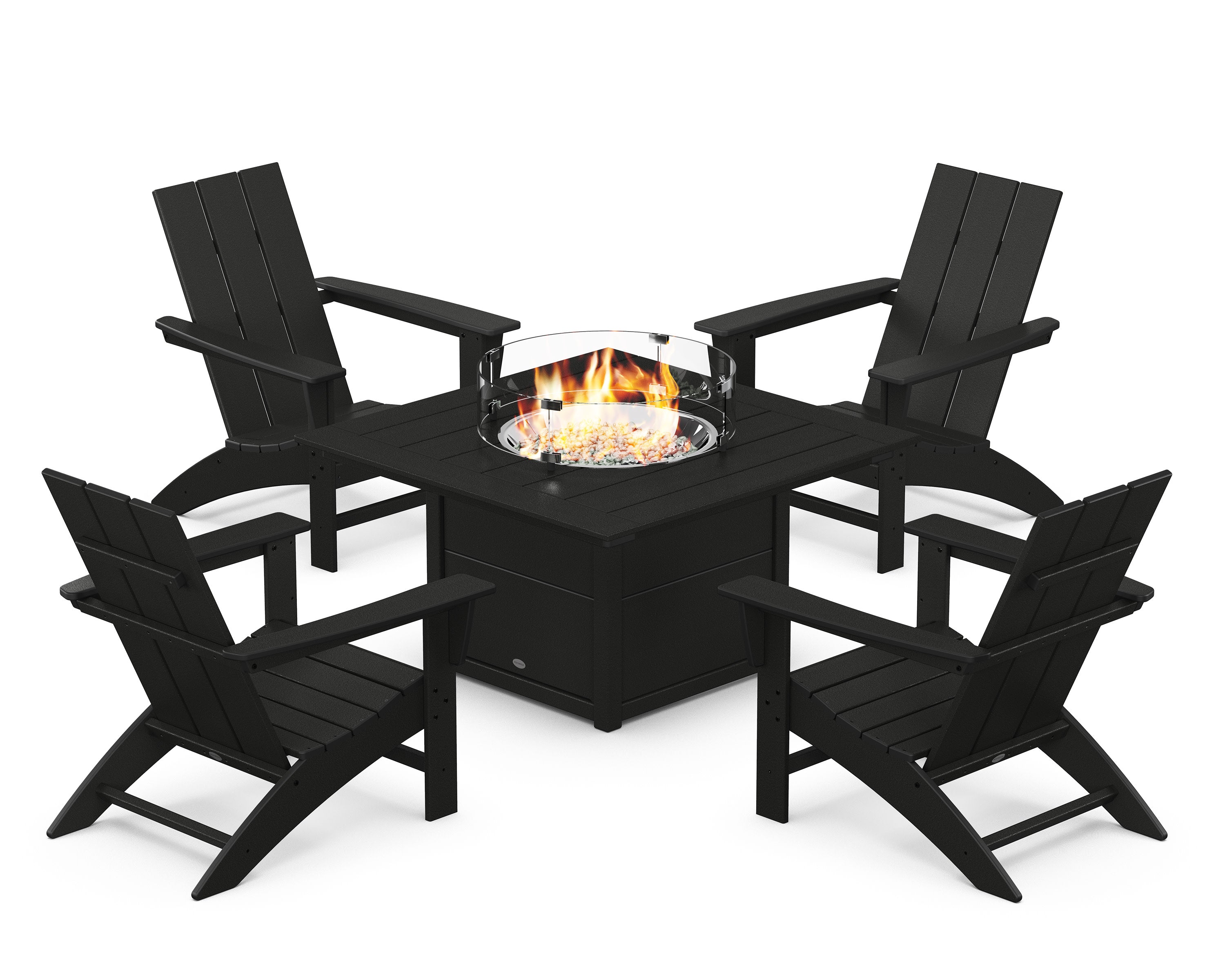 Modern 5-Piece Adirondack Chair Conversation Set with Fire Pit Table in Black