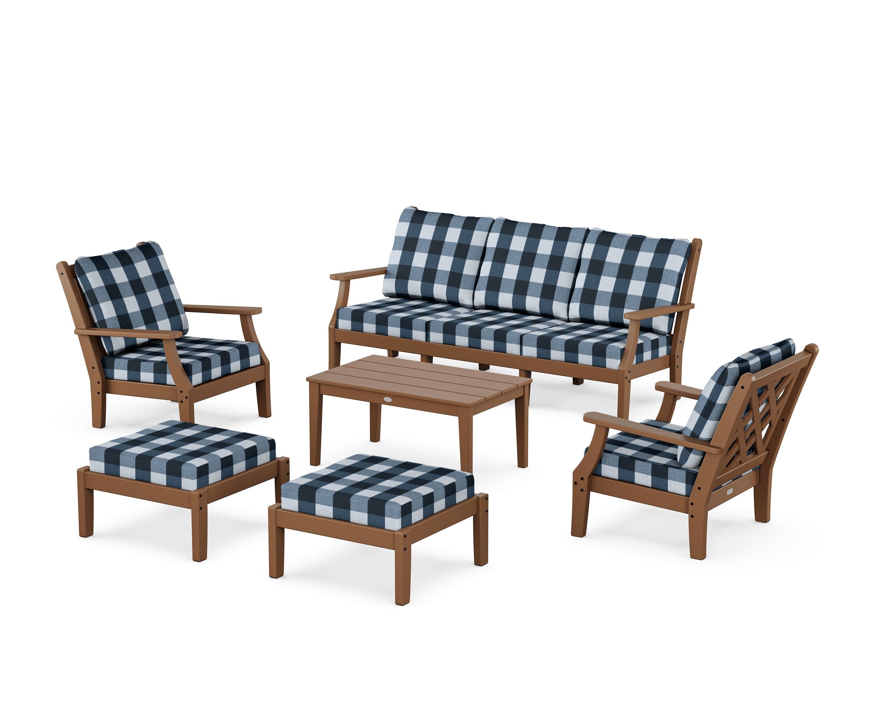 Wovendale 6-Piece Lounge Sofa Set in Teak / Buffalo Plaid Marine Indigo