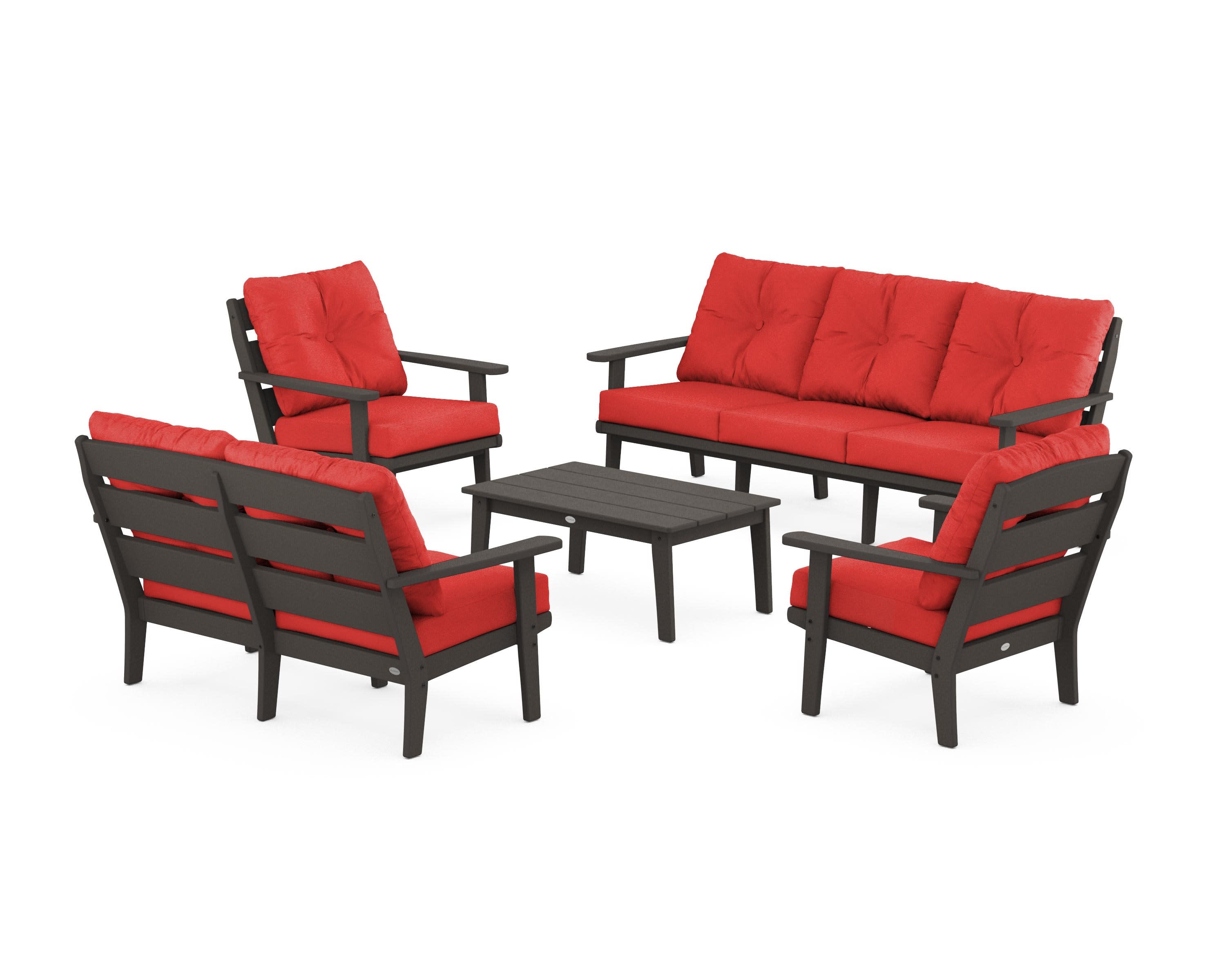 Lakeside 5-Piece Lounge Sofa Set in Vintage Coffee / Crimson Linen