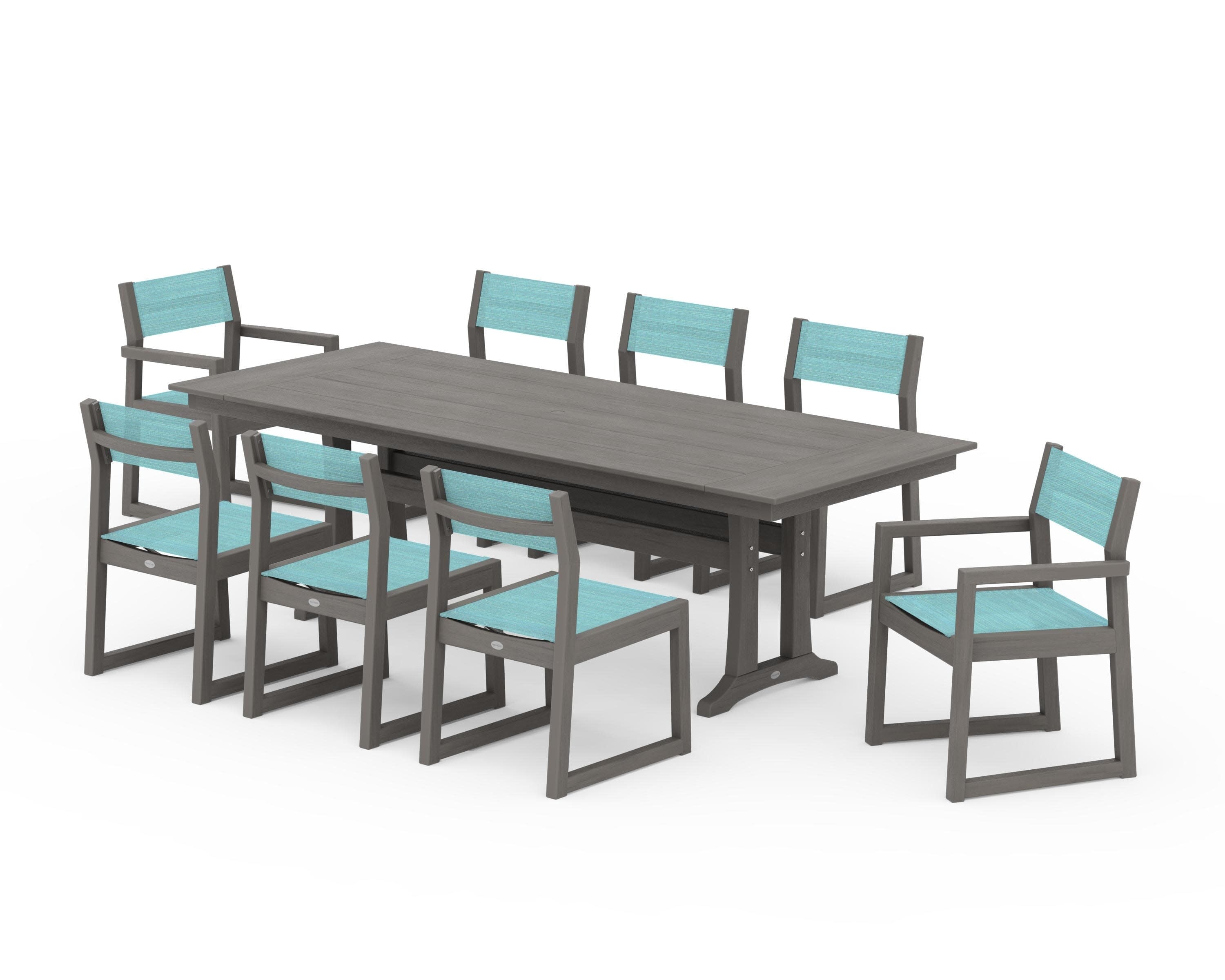 EDGE Sling 9-Piece Farmhouse Trestle Dining Set in Driftwood / Dupioni Aquamarine Sling