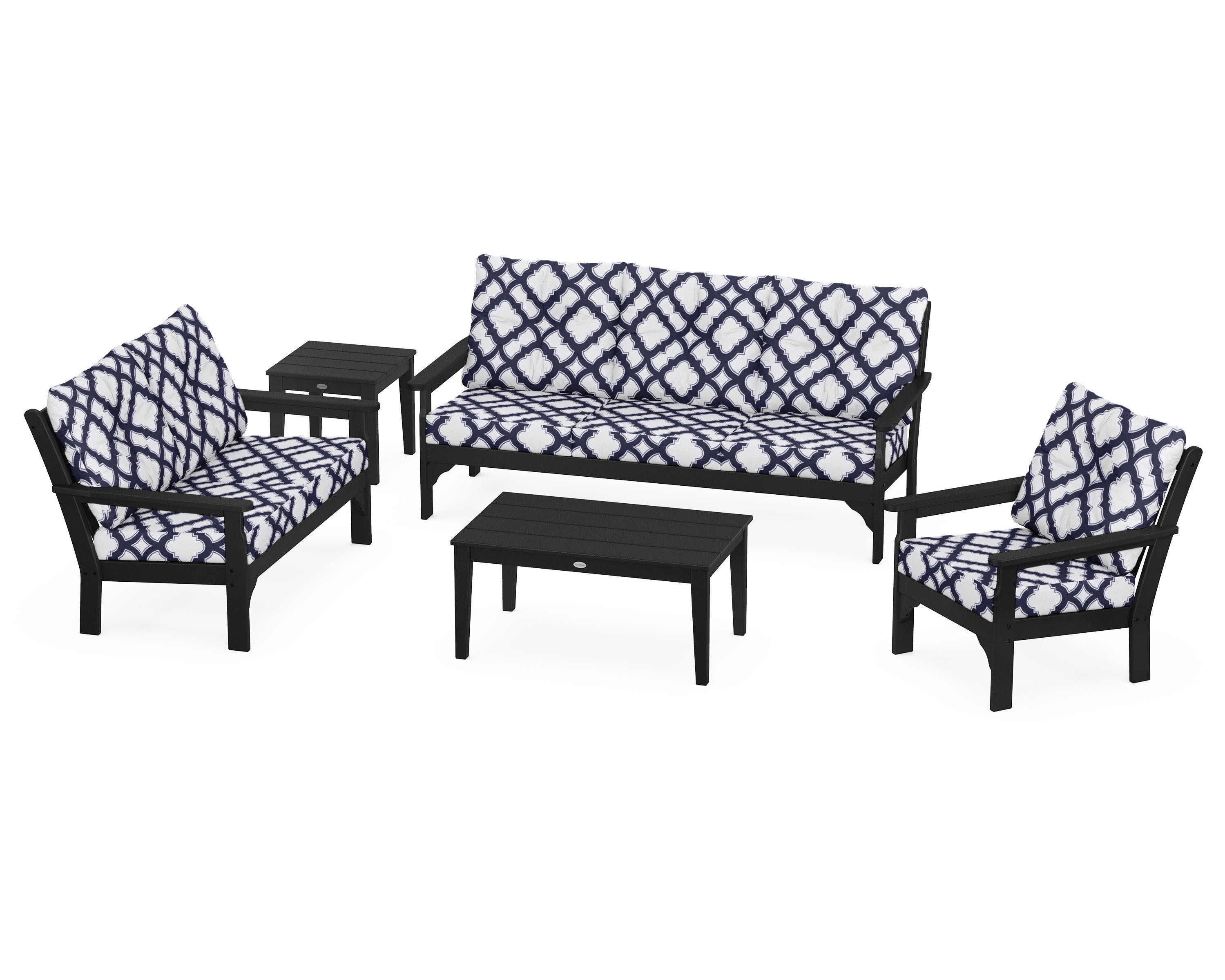 Vineyard 5 Piece Deep Seating Set in Black / Trellis Navy