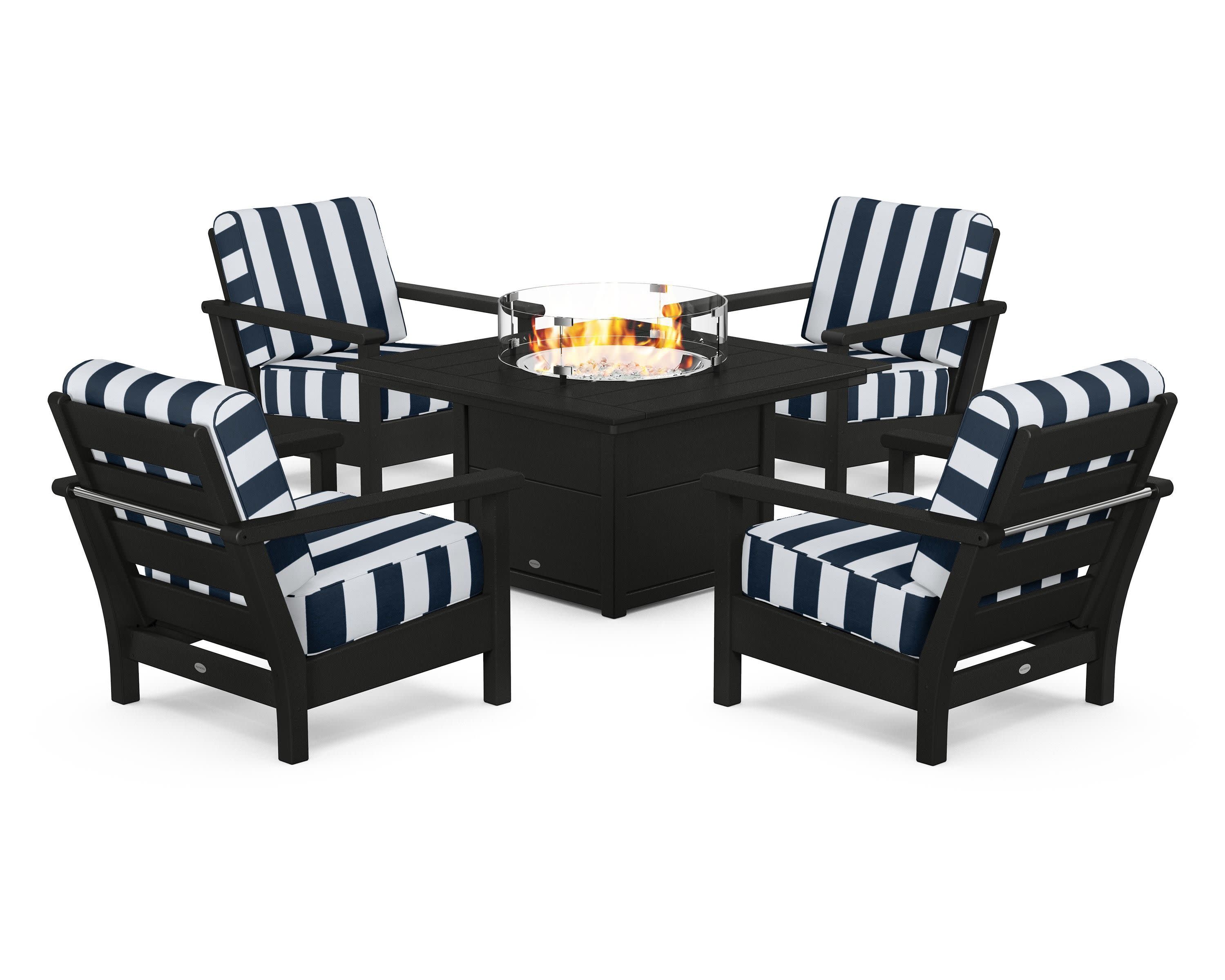 Harbour 5-Piece Conversation Set with Fire Pit Table in Black / Cabana Stripe Marine Indigo