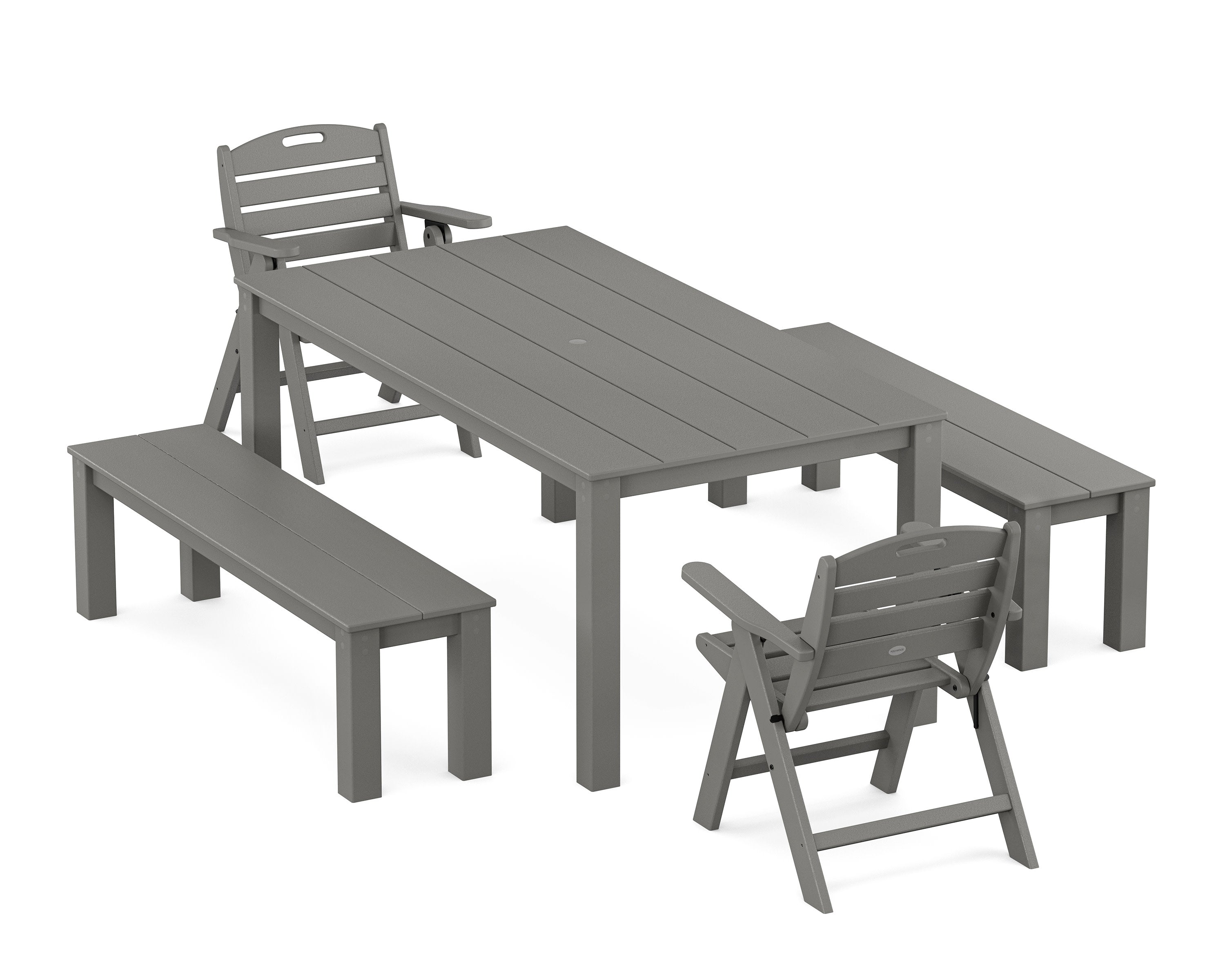 Nautical Folding Lowback Chair 5-Piece Parsons Dining Set with Benches in Slate Grey