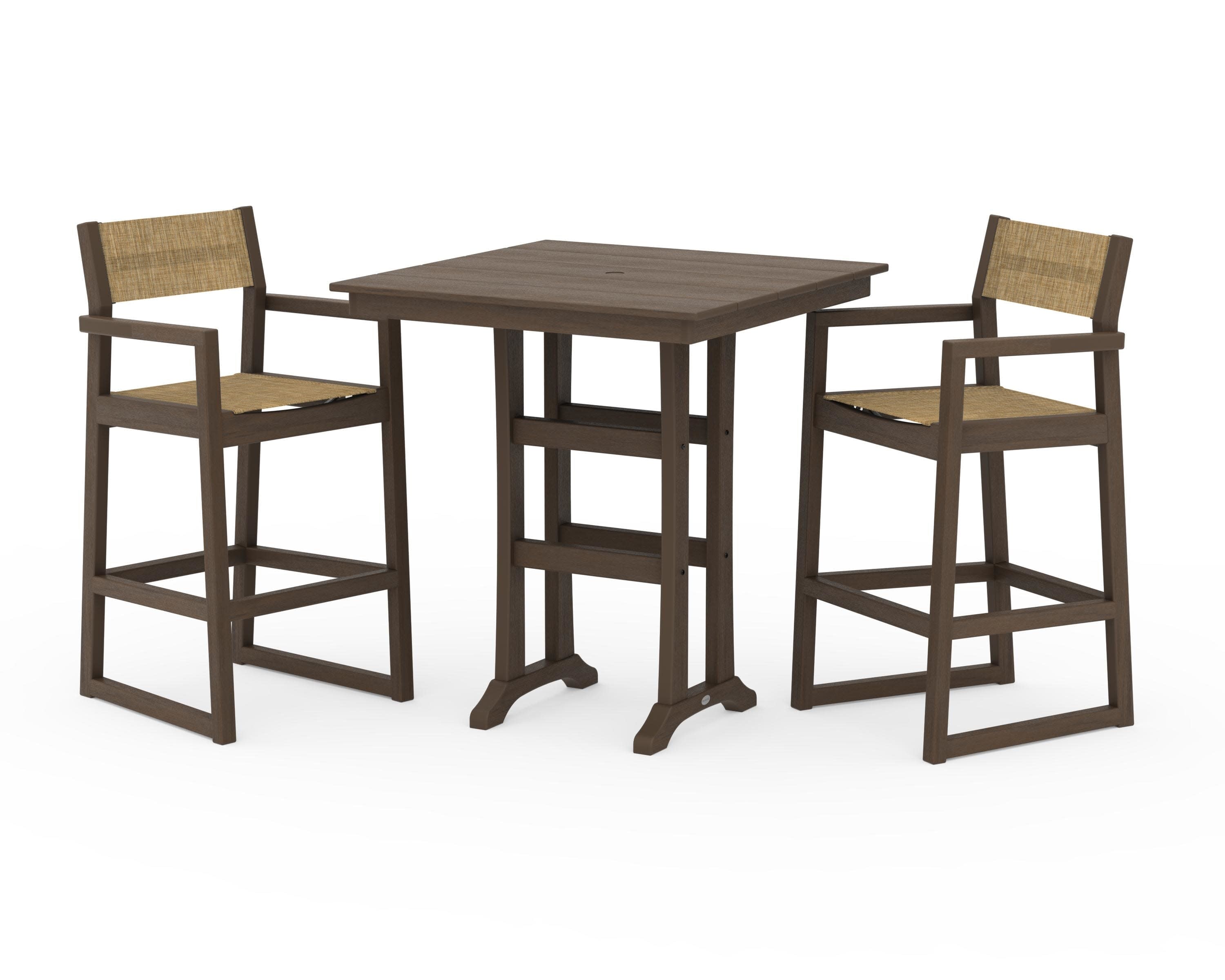 EDGE Sling Arm Chair 3-Piece Farmhouse Bar Set with Trestle Legs in Kona / Burlap Sling