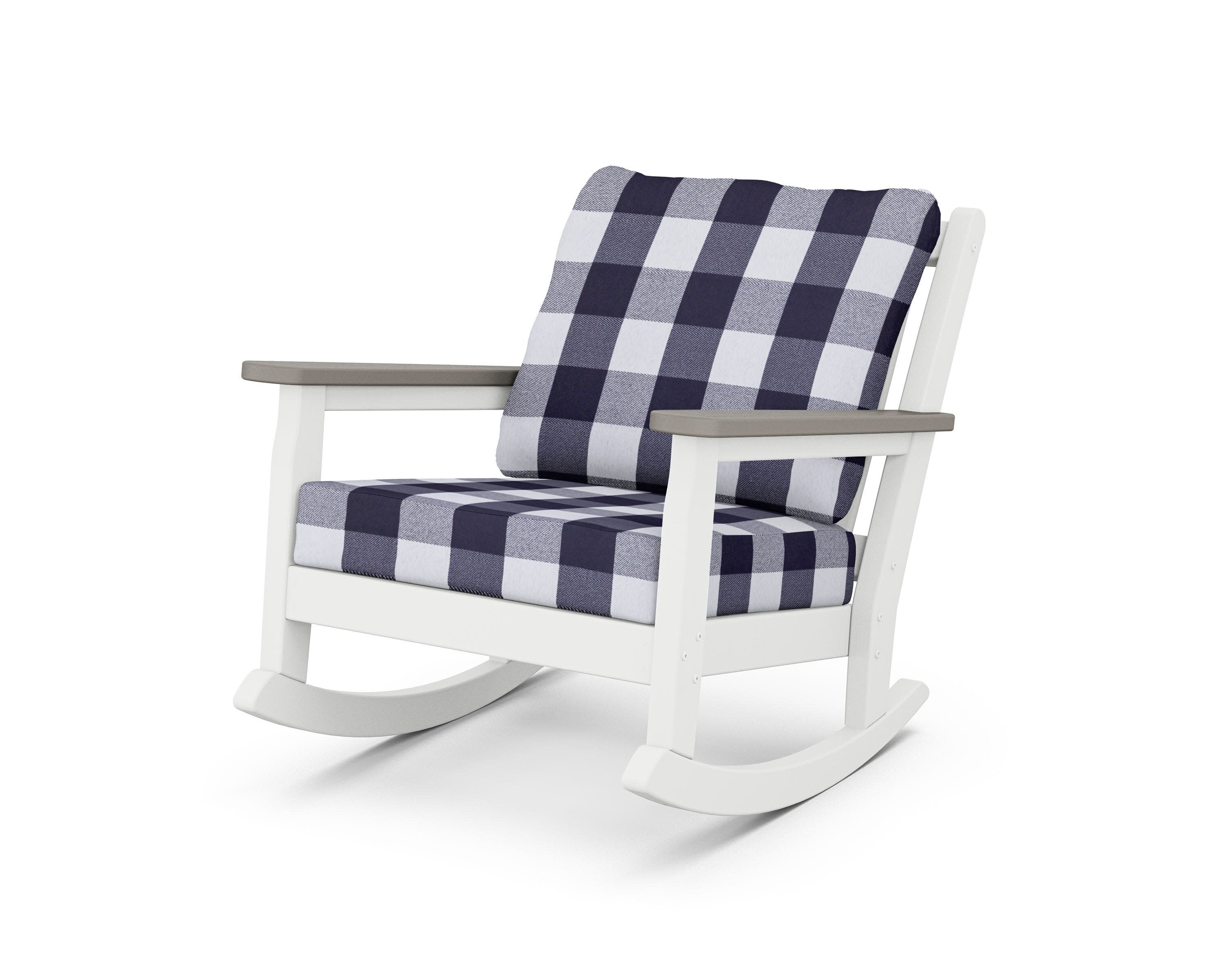 Chippendale Deep Seating Rocking Chair in White / Driftwood / Buffalo Plaid Navy
